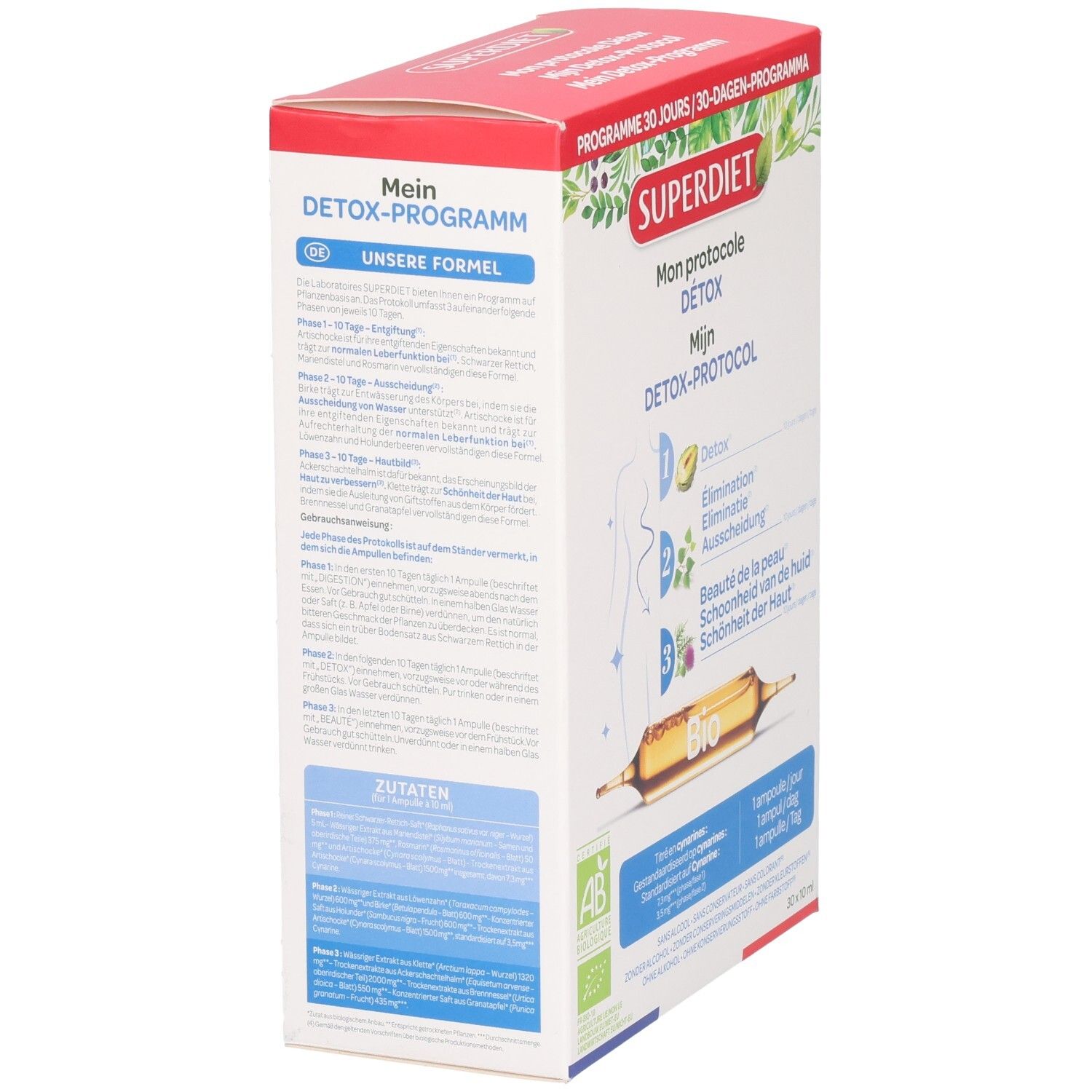 Zijaanzicht van de productverpakking. Tekst in Duits, Frans en Nederlands. Merk: Superdiet. Bevat gebruiksinformatie.