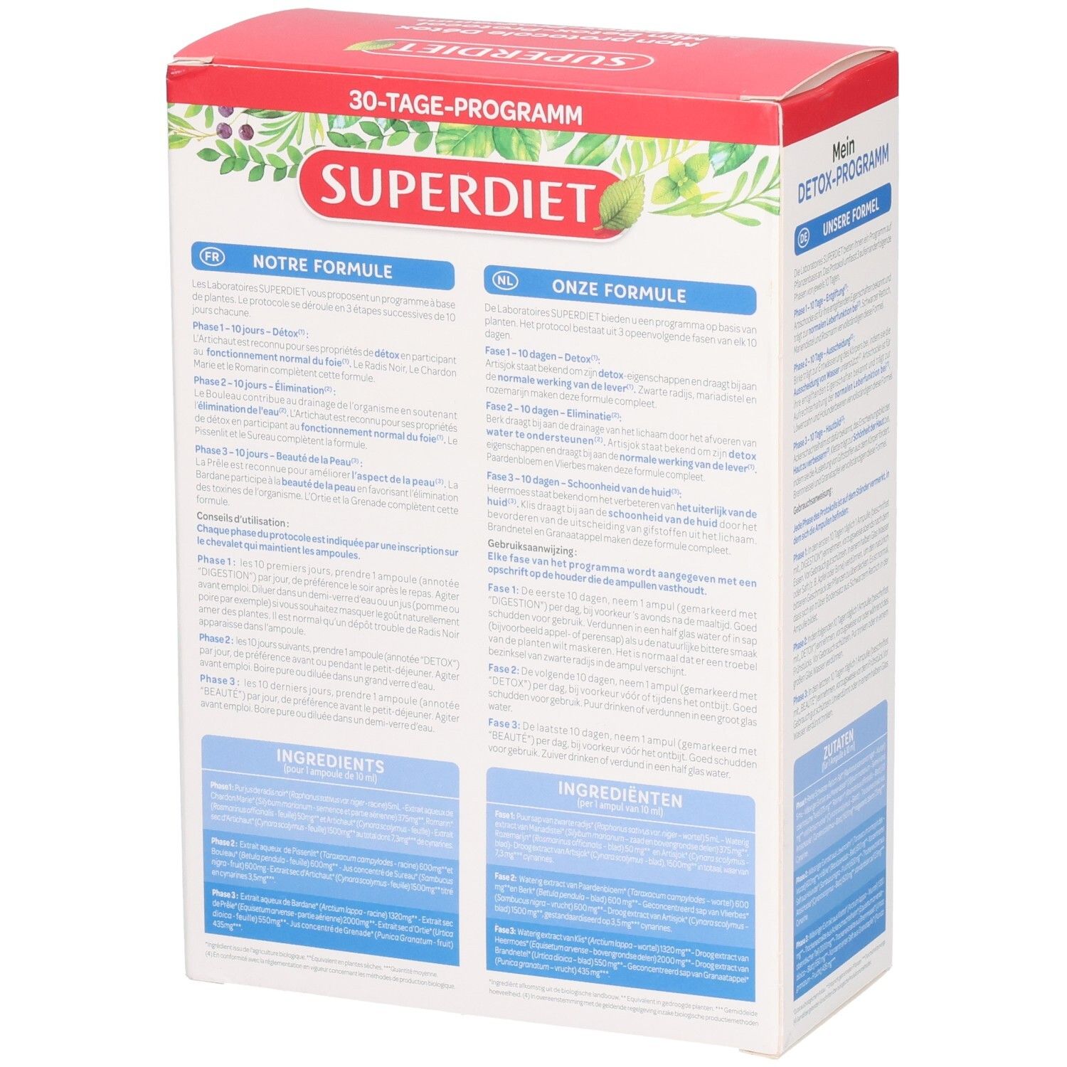 Achterkant van de productverpakking. Tekst in Duits, Frans en Nederlands. Merk: Superdiet. Bevat ingrediënten en gebruik.