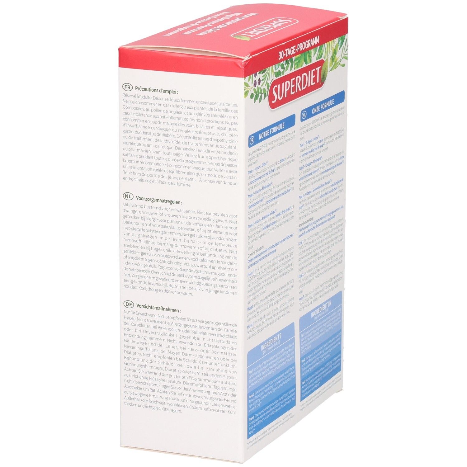Zijaanzicht van de productverpakking. Tekst in Duits, Frans en Nederlands. Merk: Superdiet. Bevat voorzorgsmaatregelen.