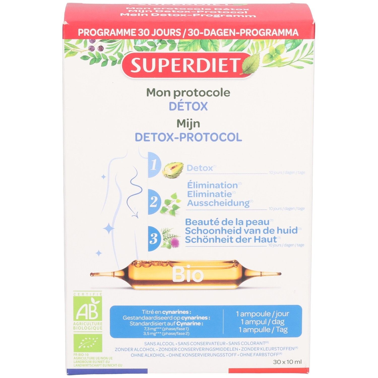 Productverpakking met ampullen. Merk: Superdiet. Tekst in Duits, Frans en Nederlands. Bio-certificering. 30 ampullen.