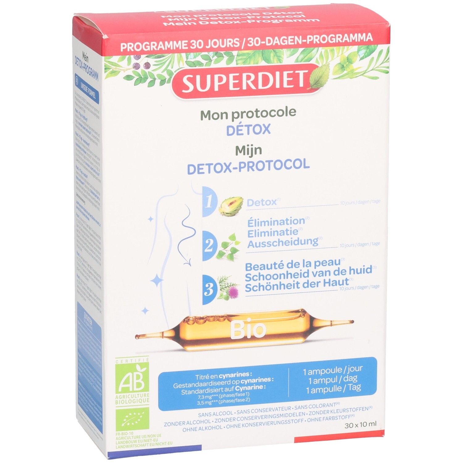 Productverpakking met ampullen. Merk: Superdiet. Tekst in Duits, Frans en Nederlands. Bio-certificering. 30 ampullen.