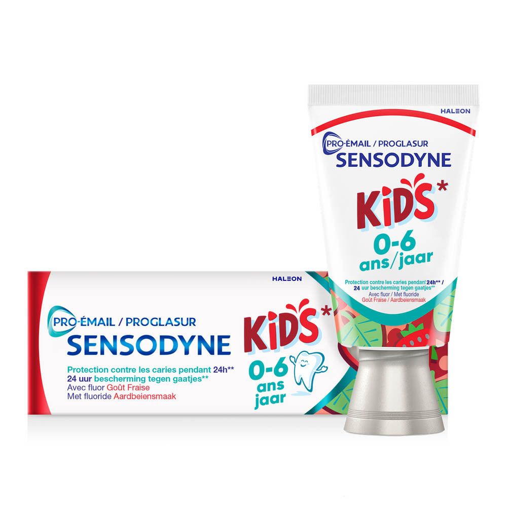 Tandpastatube en -verpakking. Sensodyne Pro-Émail Kids 0-6 ans. Aardbeiensmaak. Met fluoride.