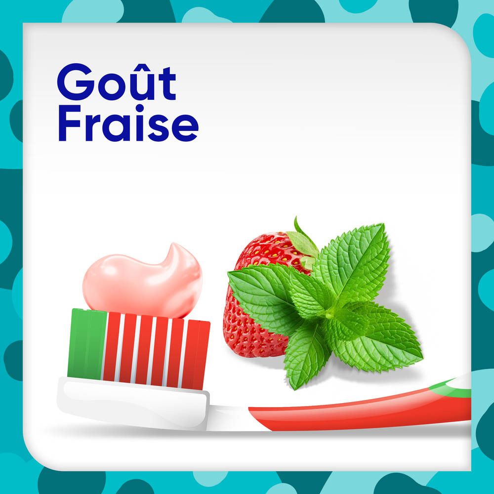 Brosse à dents avec dentifrice rose, fraise et feuilles de menthe. Texte : Goût Fraise (Goût Fraise).