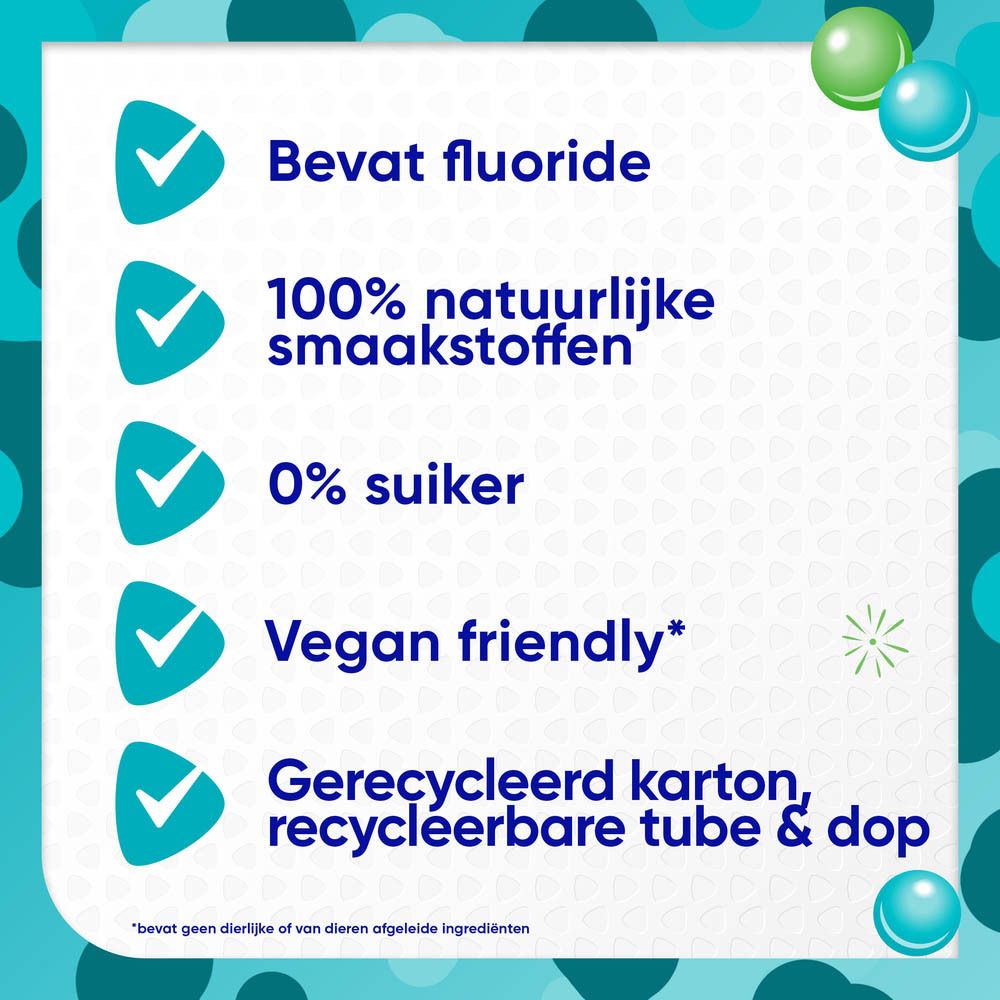 Afbeelding: Bevat fluoride, 100% natuurlijke aroma's, 0% suiker, vegan.
