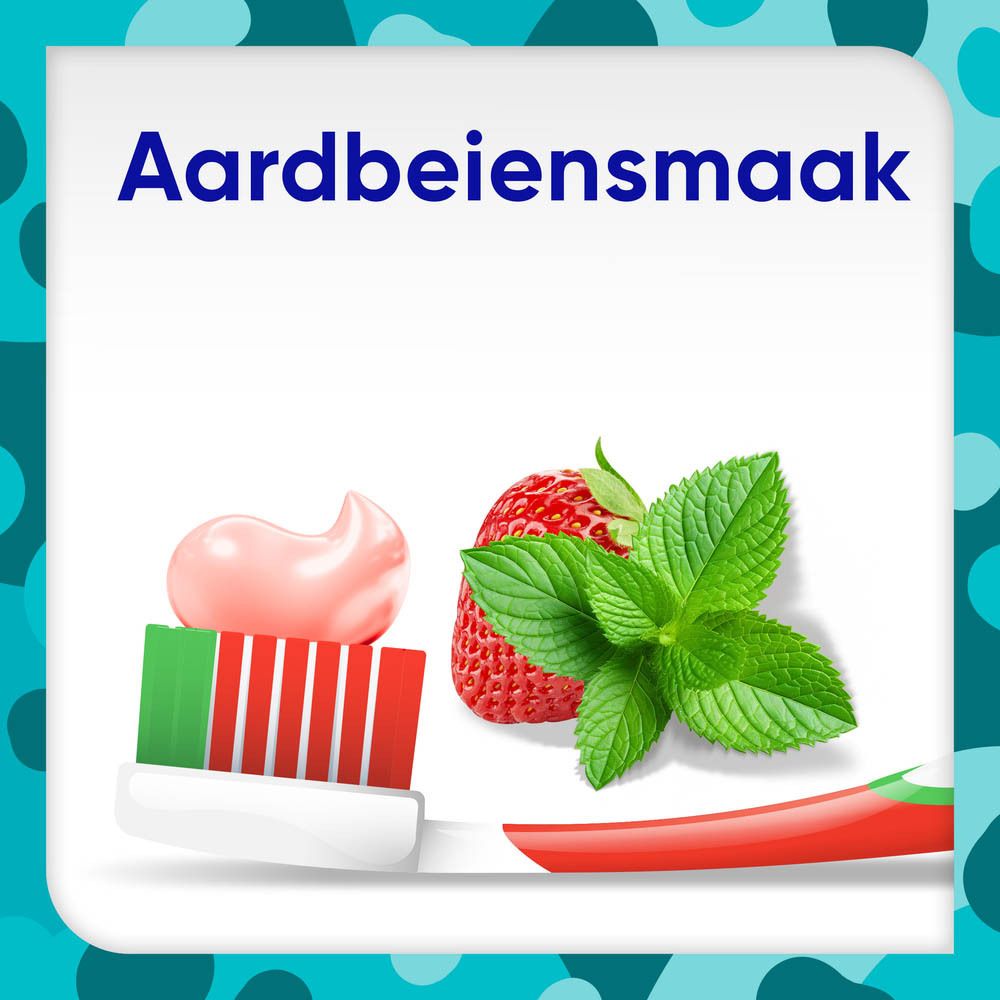 Tandenborstel met roze tandpasta, aardbei en muntbladeren. Tekst: Aardbeiensmaak (Aardbeiensmaak).