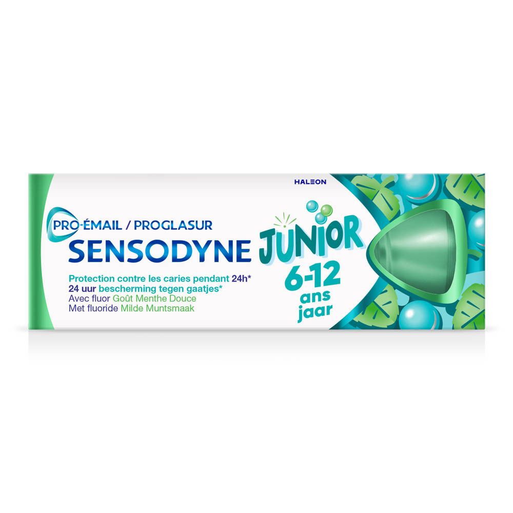 Tandpasta tube. Sensodyne Junior 6-12 jaar. Groen en wit. Productafbeelding.