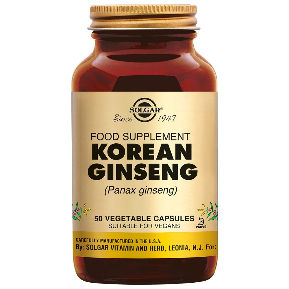 Flacon en verre brun avec couvercle doré. Étiquette avec "KOREAN GINSENG" et "50 VEGETABLE CAPSULES".