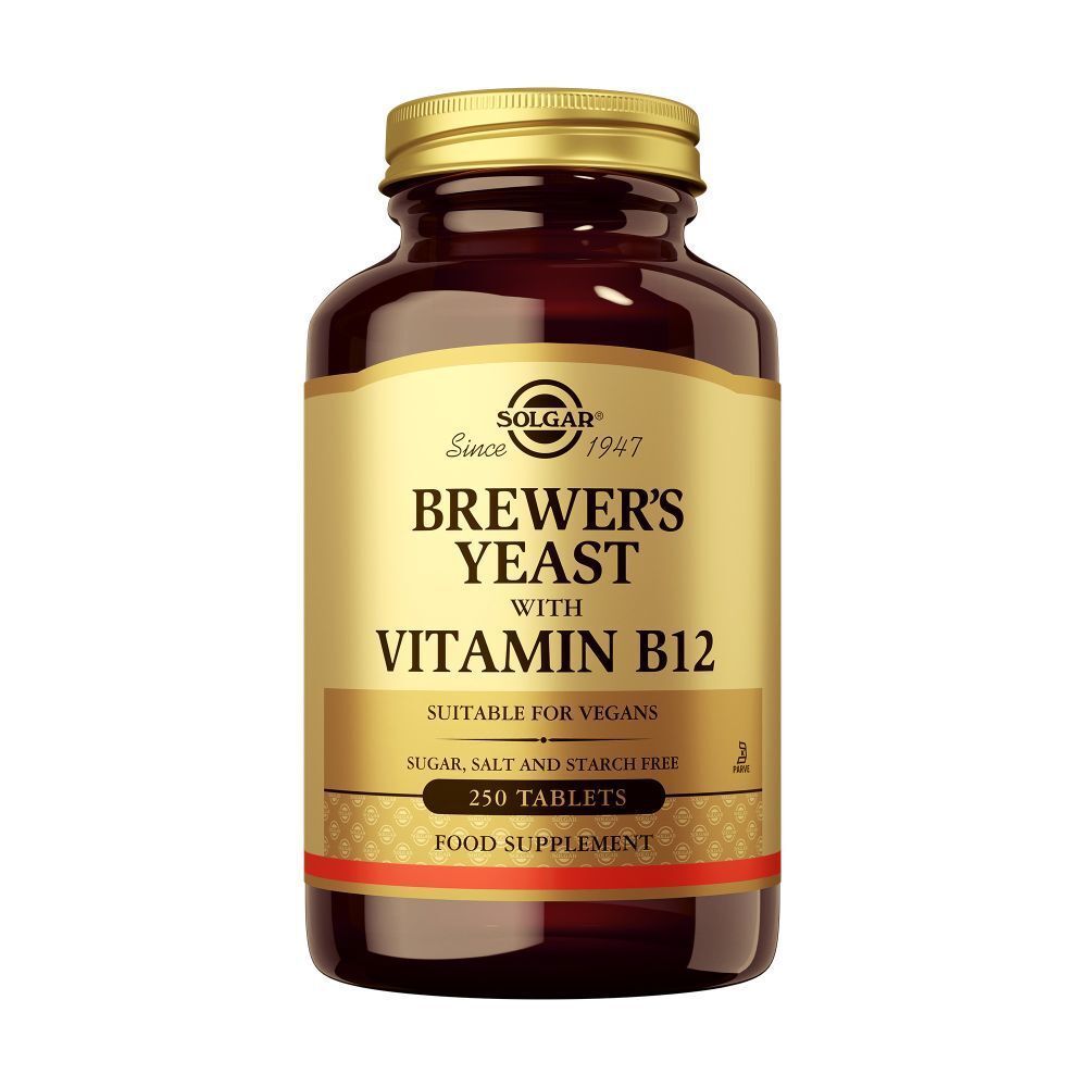 Bruine glazen fles met gouden deksel. Label met "Brewer's Yeast with Vitamin B12". Bevat 250 tabletten.