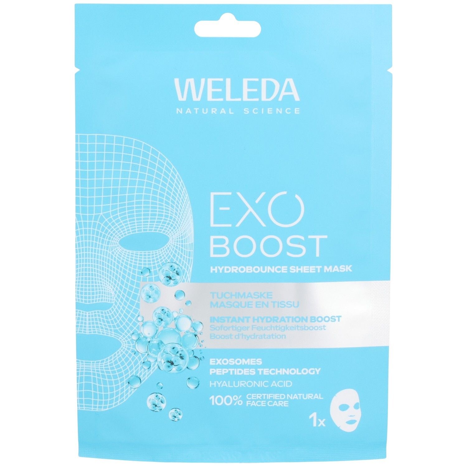Lichtblauwe verpakking met productnaam en logo. Gezichtsschets en blauwe bollen. Tekst: Exo Boost, Hydrobounce Sheet Mask.