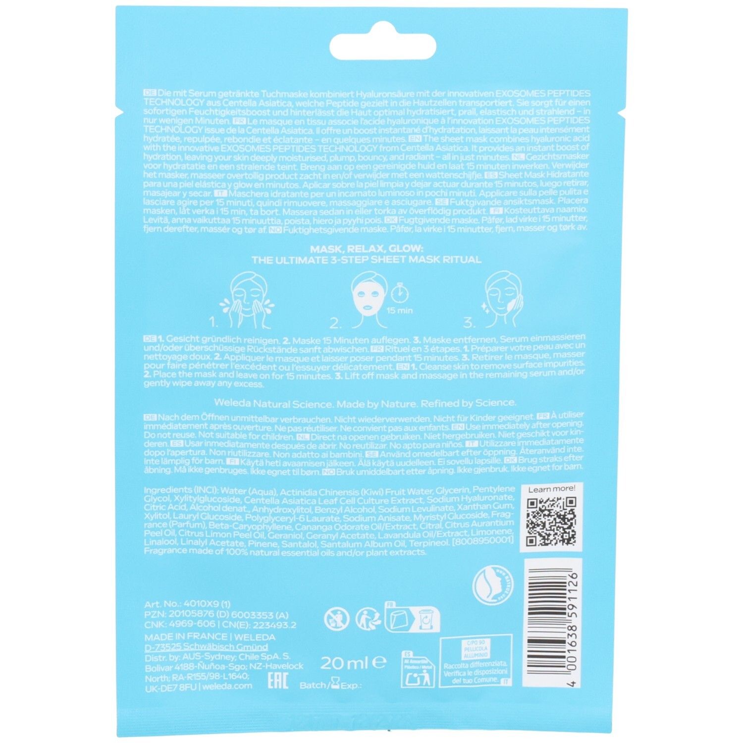 Achterkant van de lichtblauwe verpakking. Tekst en illustraties over gebruik. Onder: 20ml, QR-code, certificeringen.