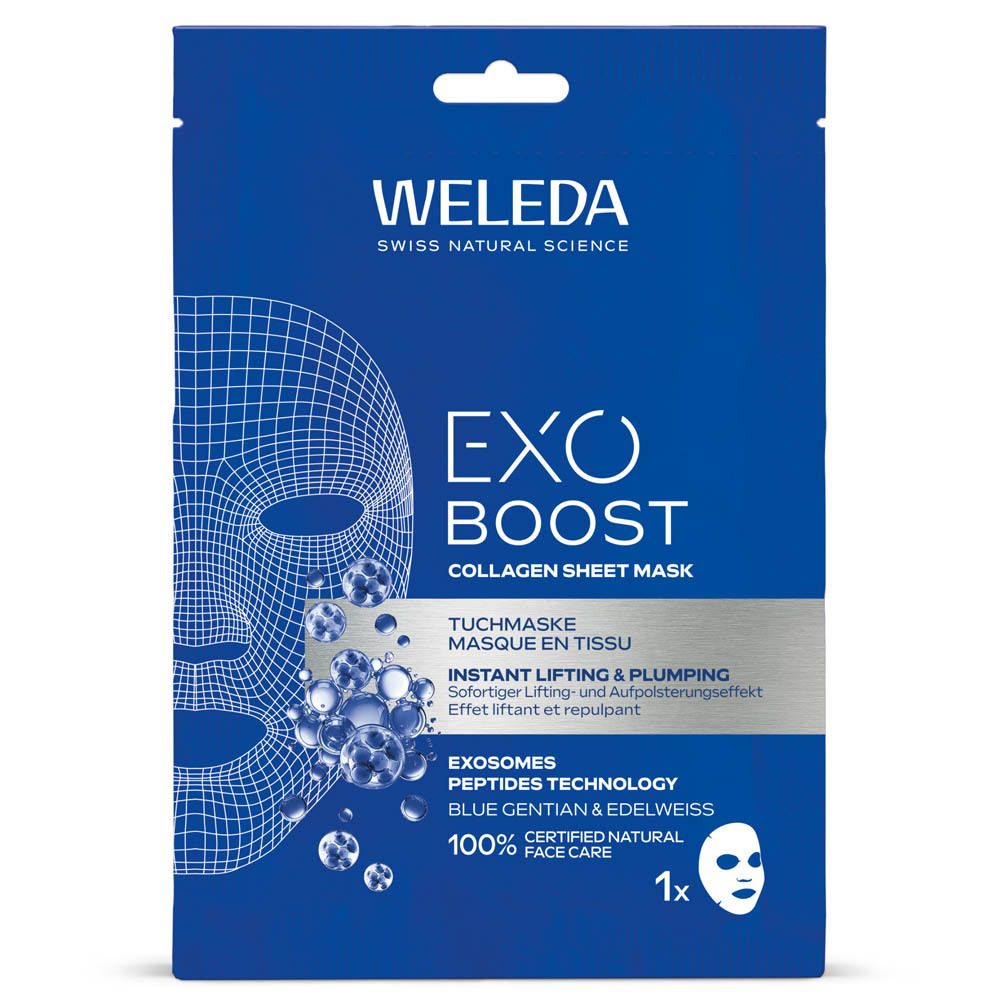 Twee illustraties met ingrediënten. Links: Collagen+ Active Complex. Rechts: Exosomes Peptide Technologie. Blauwe vloeistoffen.