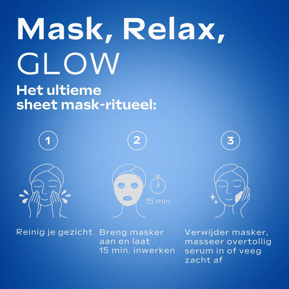 Gezicht van een vrouw met gezichtsmasker. Tekst: Zichtbare resultaten na 15 minuten. Stralende glow, 24 uur hydratatie, stevigere huid.