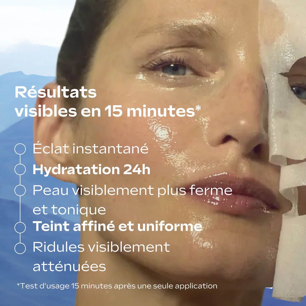 Visage d'une femme. Texte: 72% constatent une peau rajeunie, comme après un soin en spa.