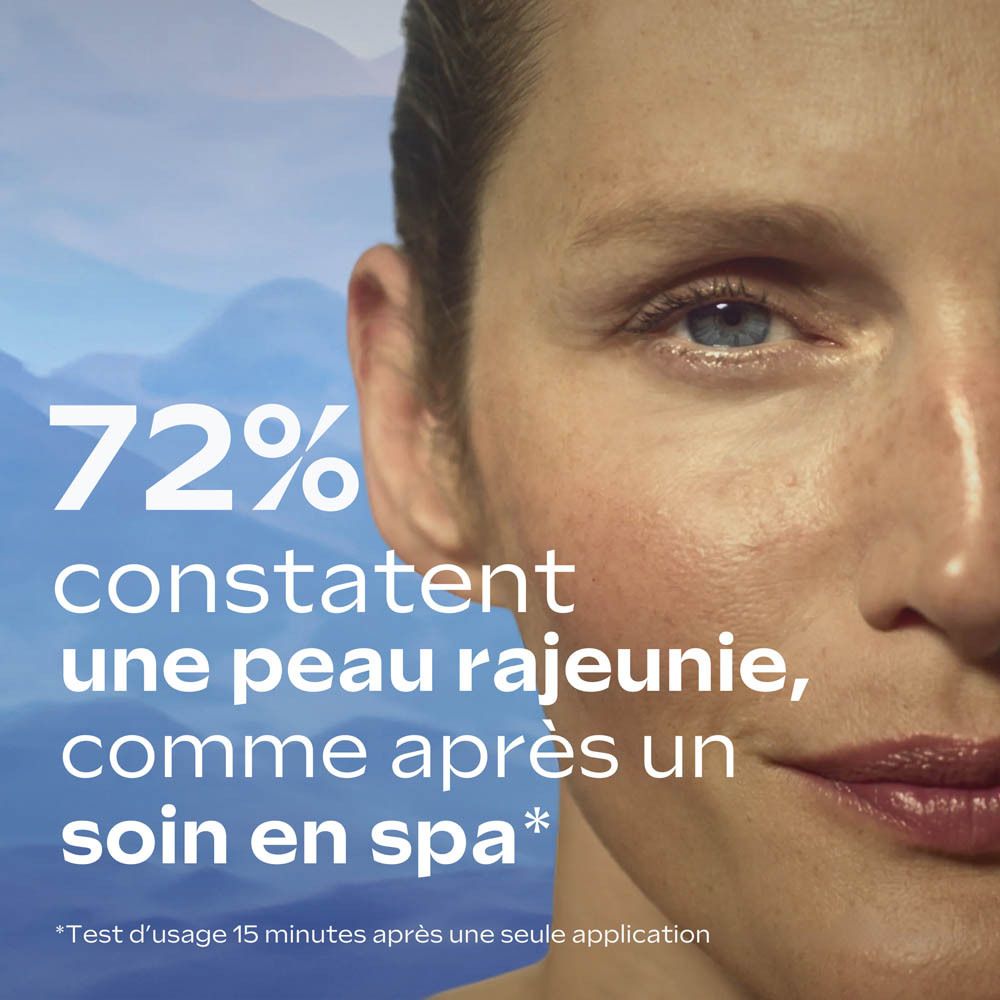 Deux illustrations d'ingrédients. À gauche: Collagen+ Active Complex. À droite: Exosomes Peptide Technologie. Liquides bleus.