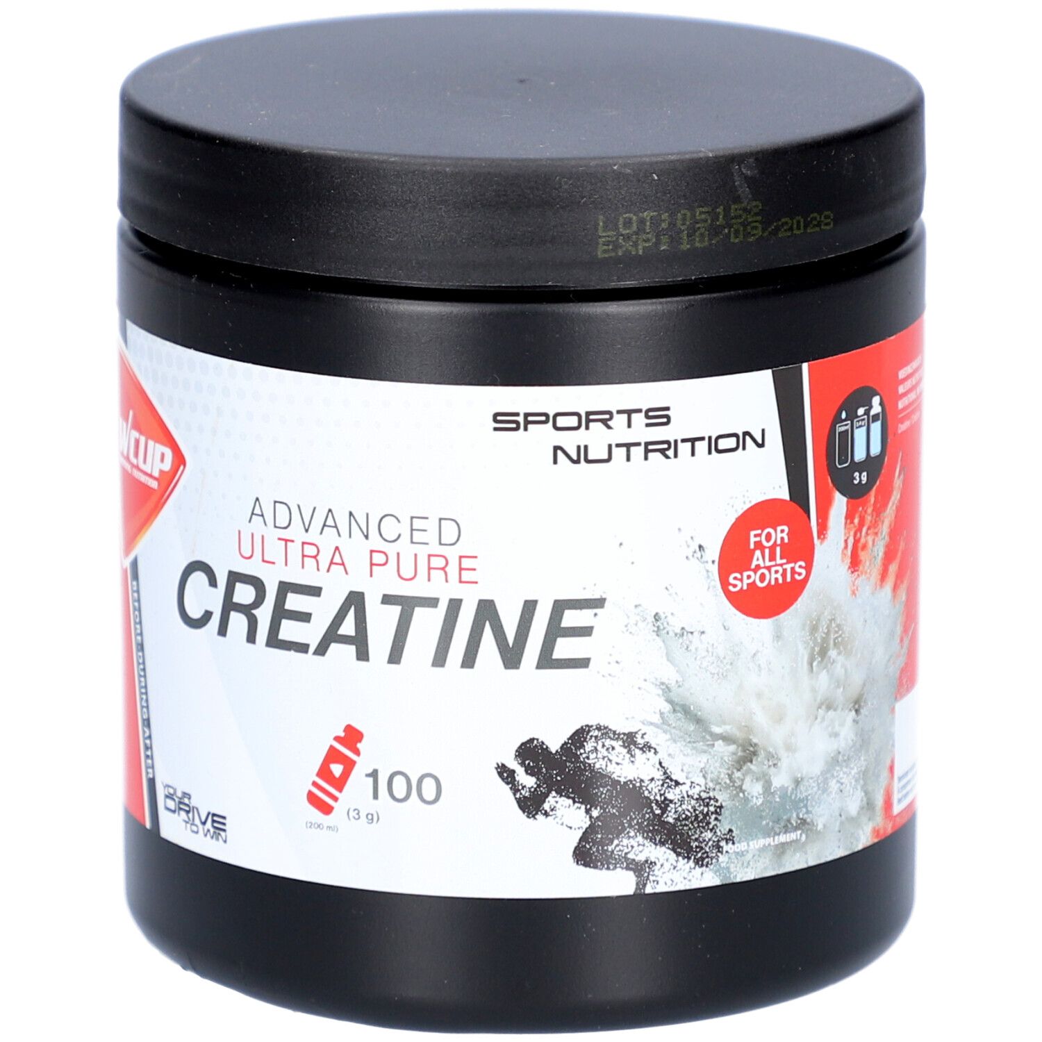Zwarte pot met deksel. Opschrift: Advanced Ultra Pure Creatine. Rode accenten. Sports Nutrition. 100g.