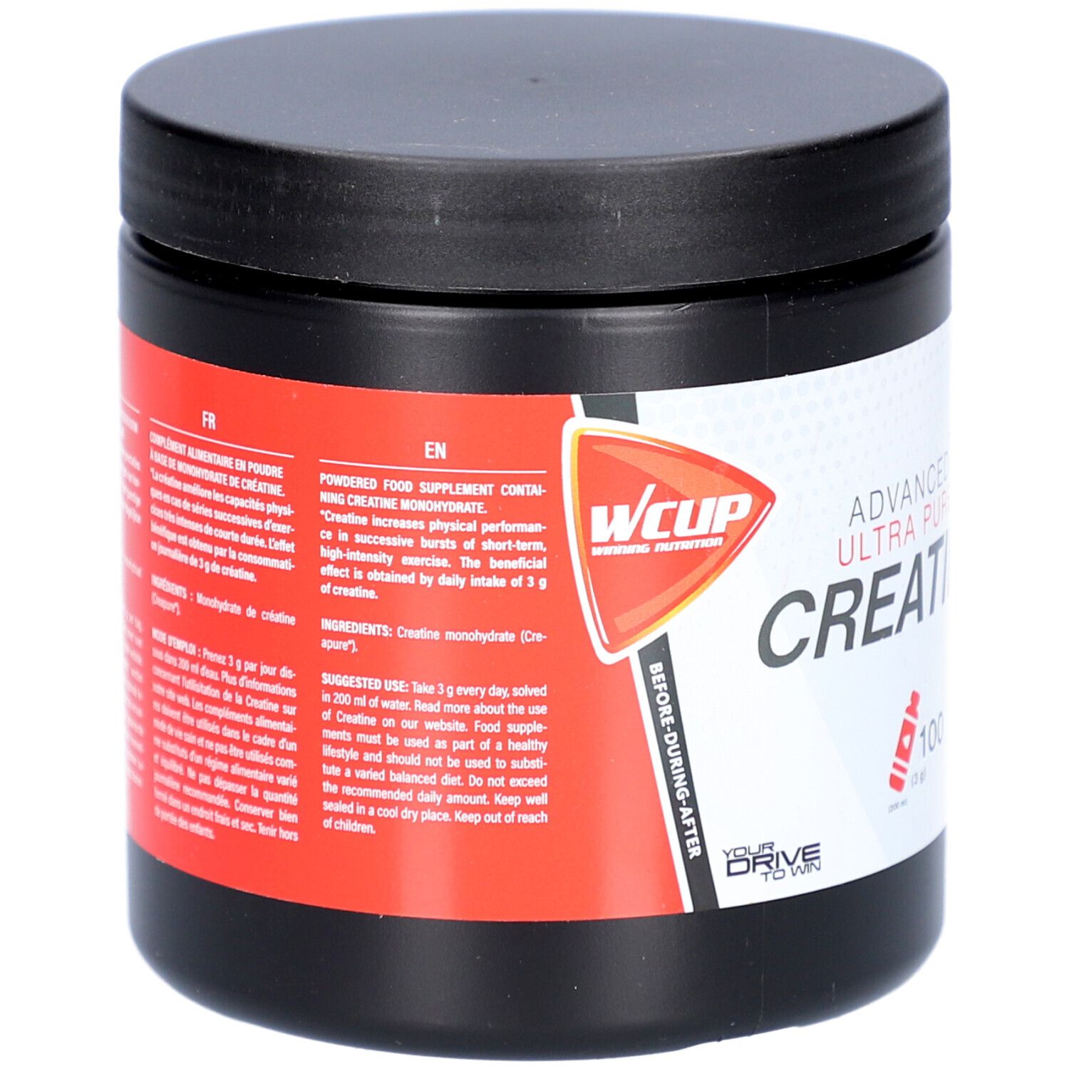 Zwarte pot met rode accenten. Opschrift: Wcup, Advanced Ultra Pure Creatine. Tekst in het Engels en Frans.