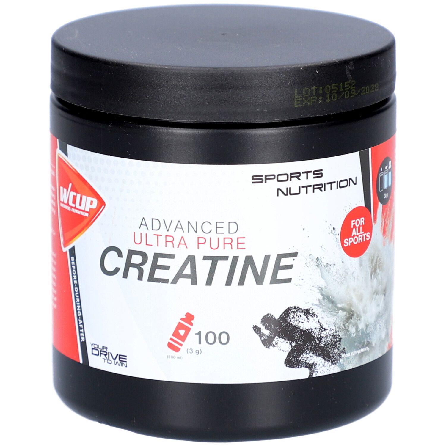 Zwarte pot met deksel. Opschrift: Advanced Ultra Pure Creatine. Rode accenten. Sports Nutrition. 100g.