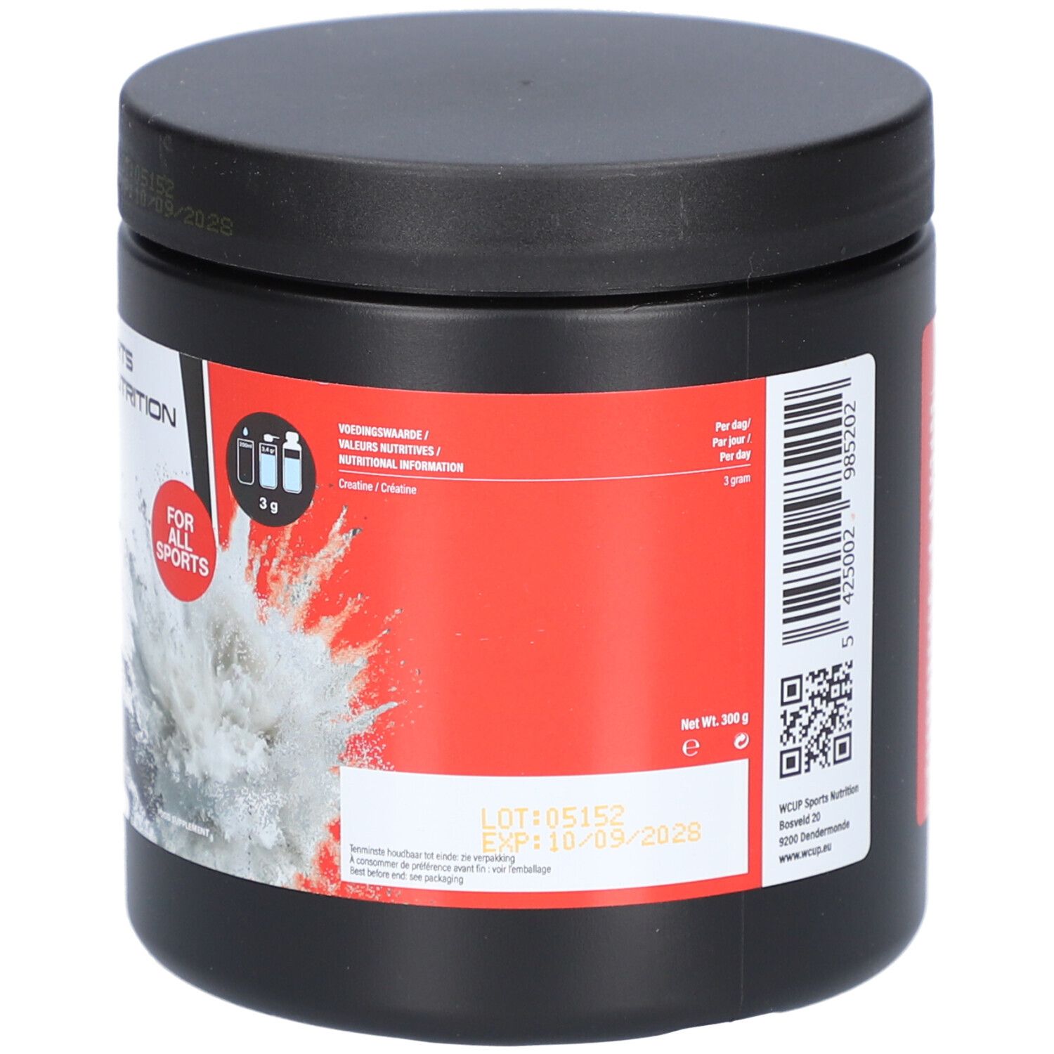 Zwarte pot met deksel. Rode accenten. Barcode en QR-code. Tekst in het Engels. Wcup Sports Nutrition. 300g.