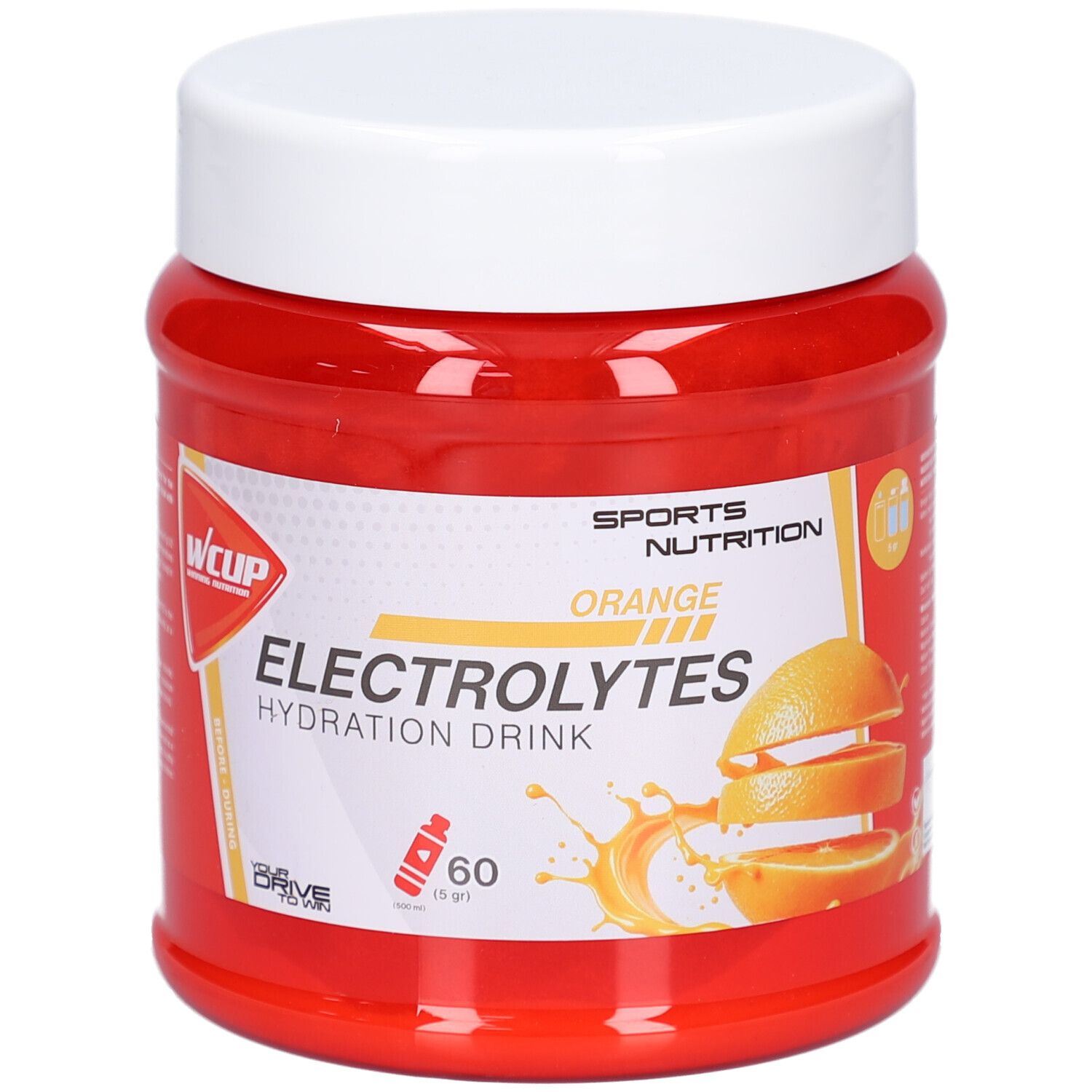 Pot rouge avec couvercle blanc. Inscription : Wcup, Electrolytes Hydration Drink Orange. Illustration d'une orange.