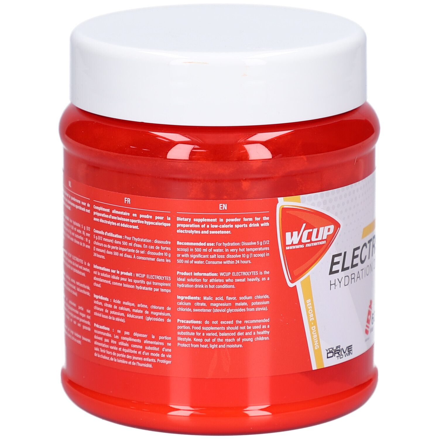 Pot rouge avec couvercle blanc. Dos avec texte multilingue. Informations sur le produit et ingrédients.