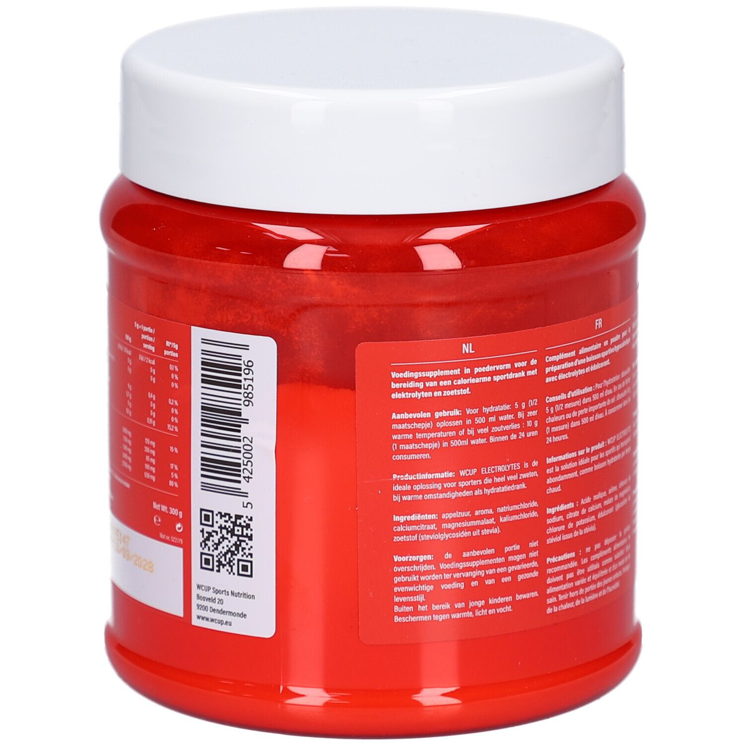 Pot rouge avec couvercle blanc. Dos avec texte et code QR. Informations nutritionnelles et ingrédients.