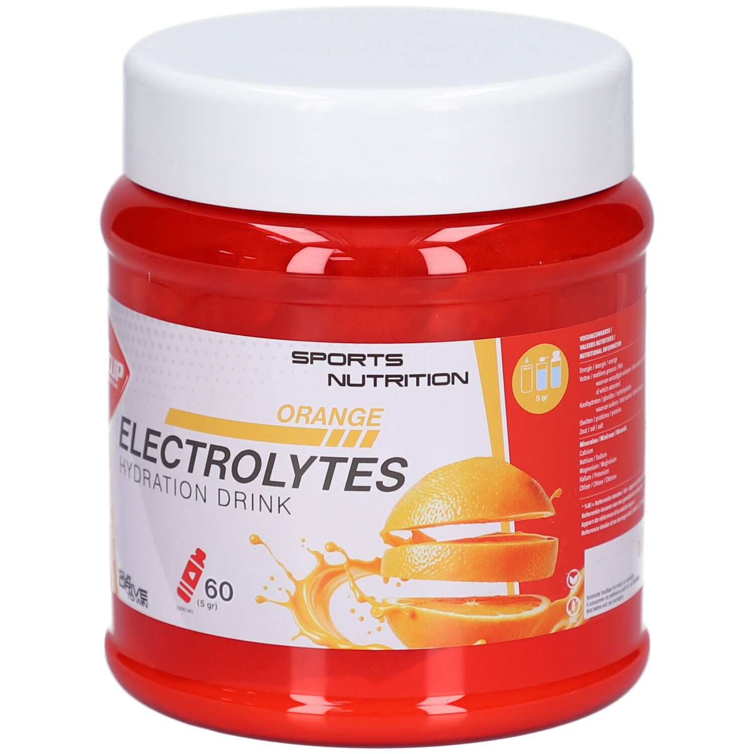 Pot rouge avec couvercle blanc. Inscription : Wcup, Electrolytes Hydration Drink Orange. Illustration d'une orange.