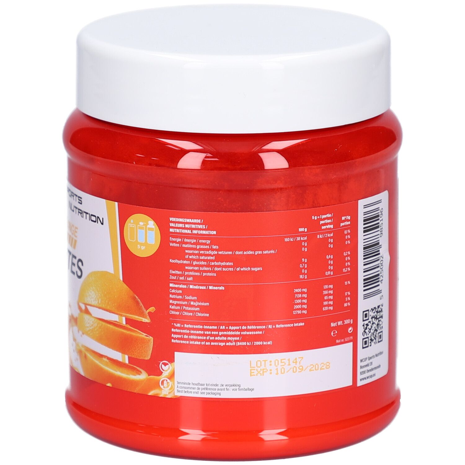 Pot rouge avec couvercle blanc. Dos avec texte et informations nutritionnelles. Date de péremption.