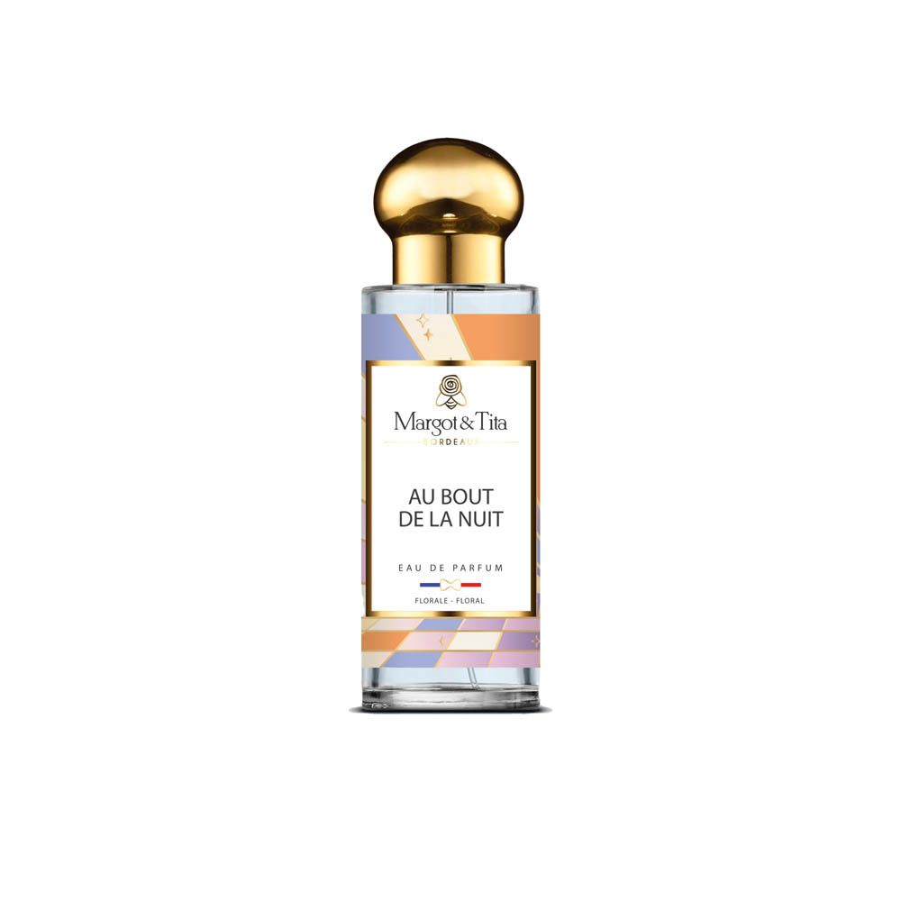 Margot & Tita Eau de Parfum fles met gouden dop en kleurrijk etiket.