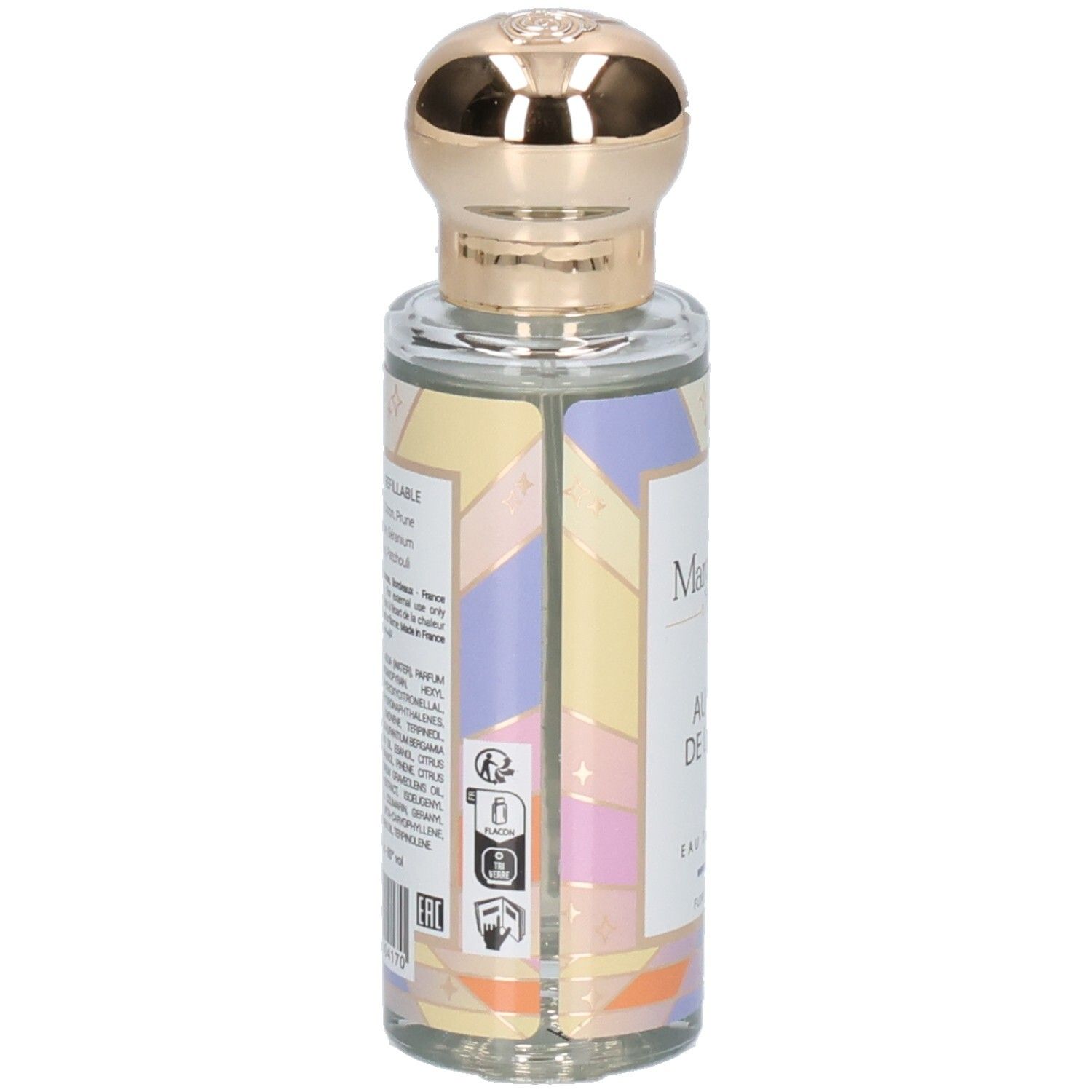 Arrière d'un flacon Margot & Tita Eau de Parfum avec ingrédients et certifications.