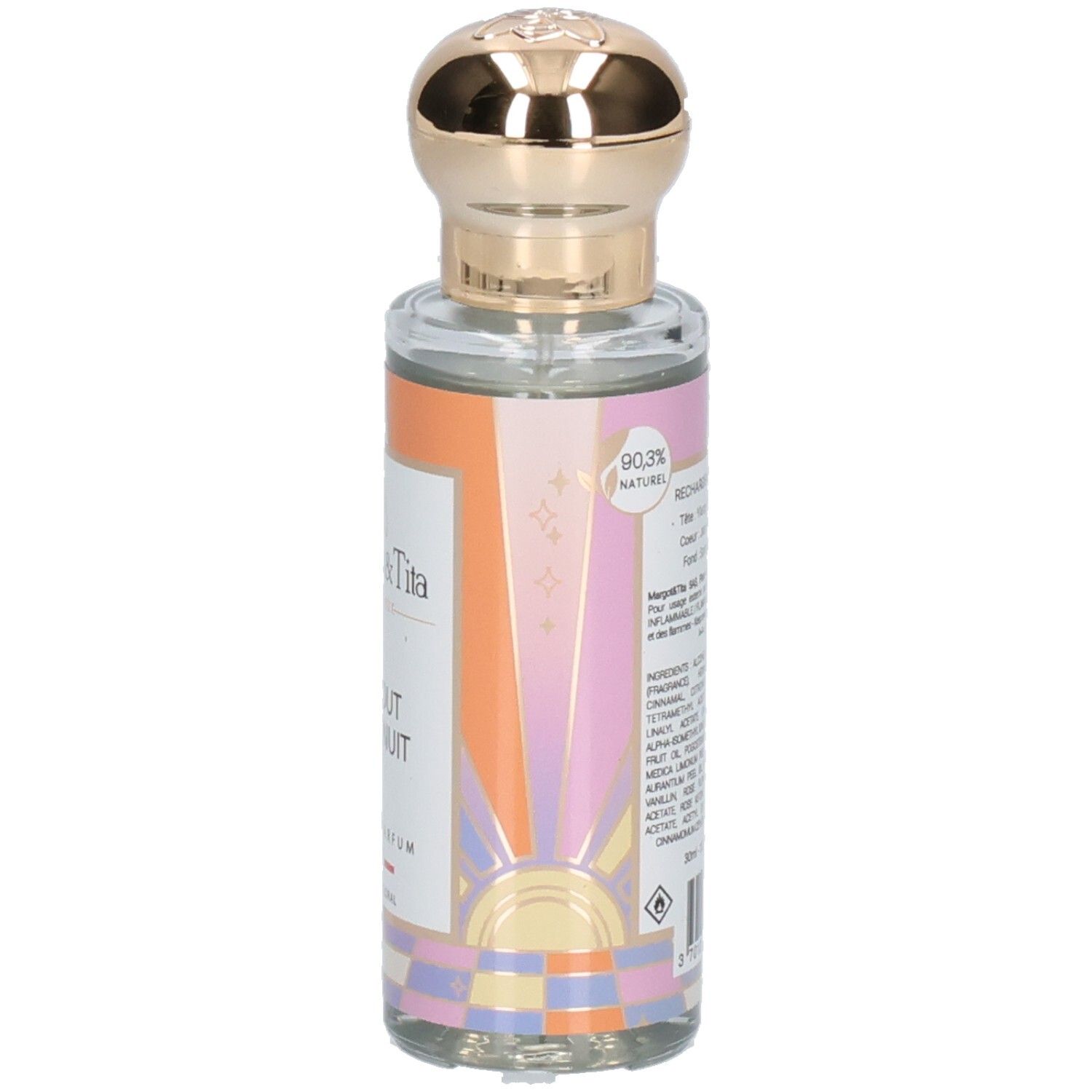 Flacon Margot & Tita Eau de Parfum avec bouchon doré, 90.3% naturel.