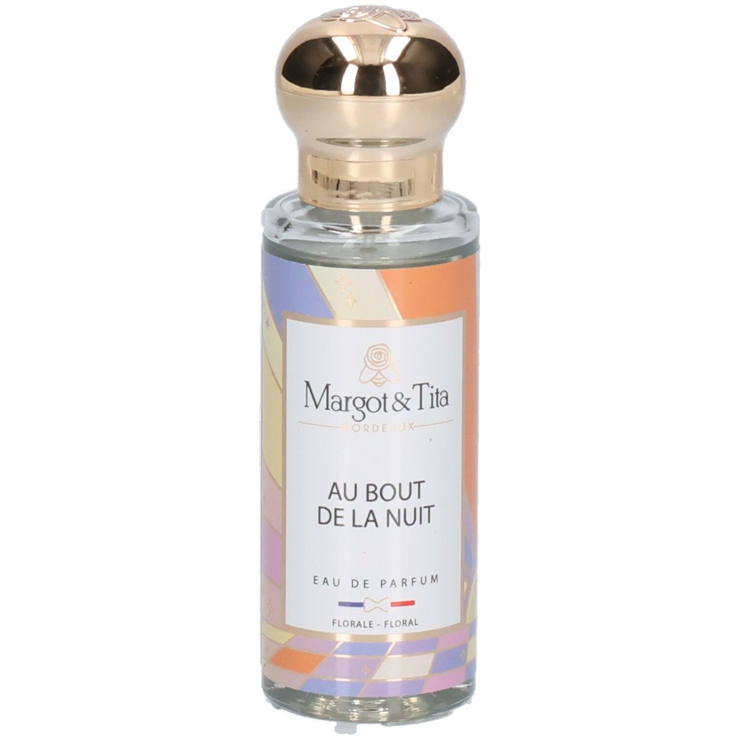 Flacon Margot & Tita Eau de Parfum avec bouchon doré et étiquette colorée.