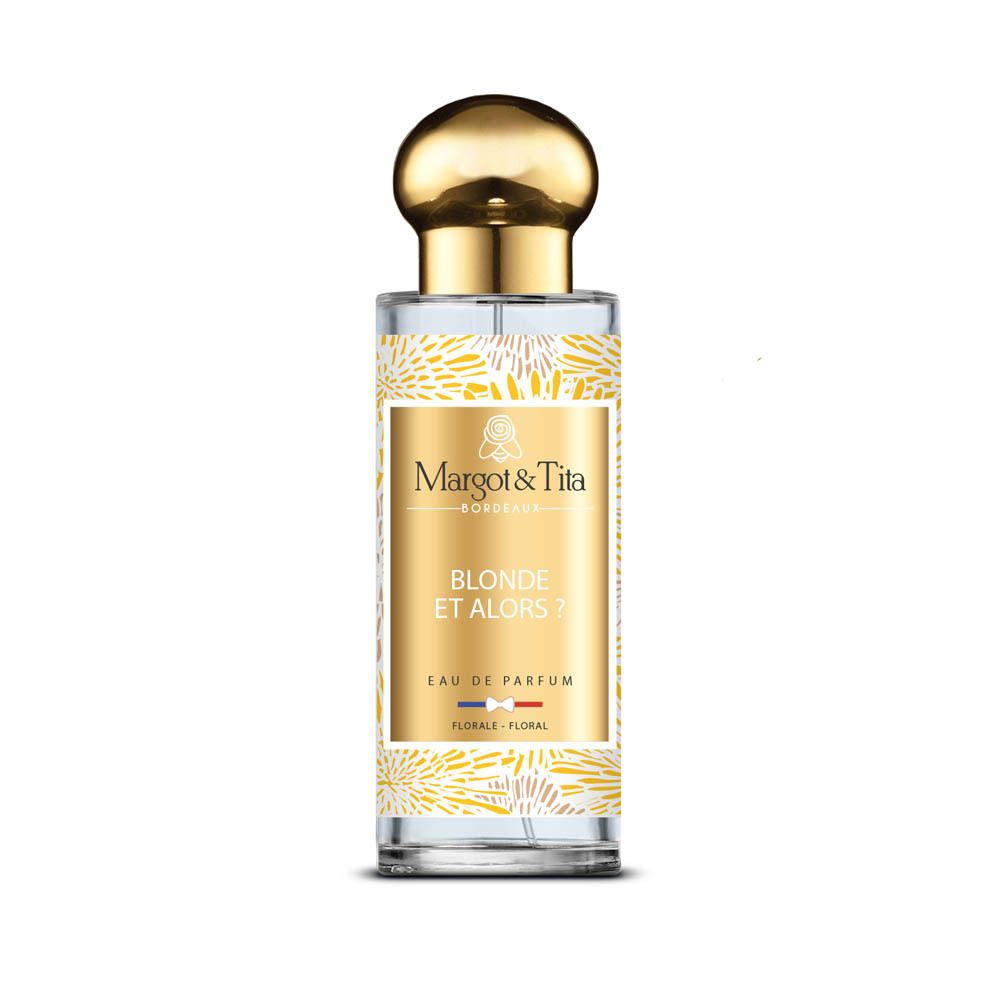 Margot & Tita parfumfles met gouden dop en bloemenpatroon.