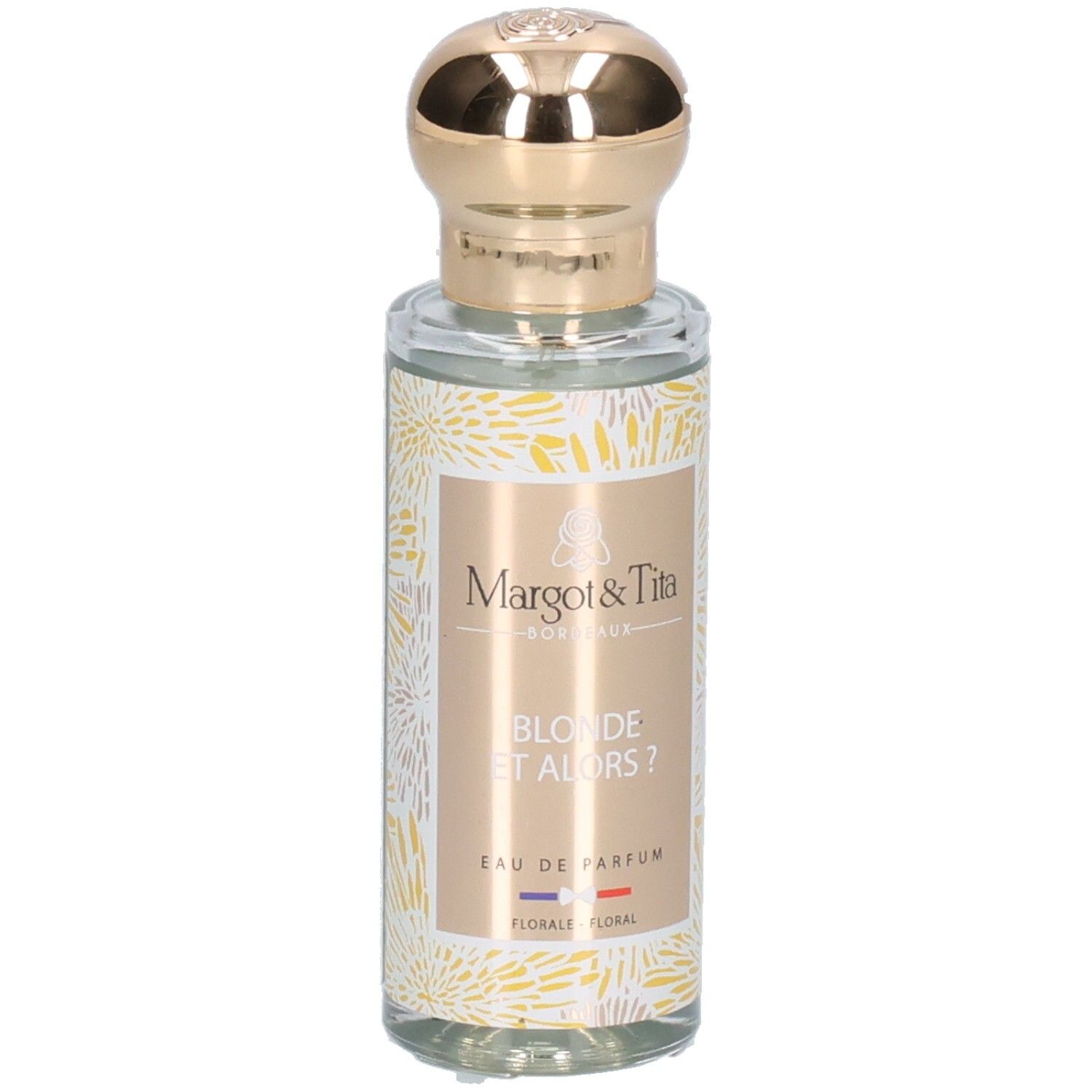 Margot & Tita parfumfles met gouden dop en bloemenpatroon.