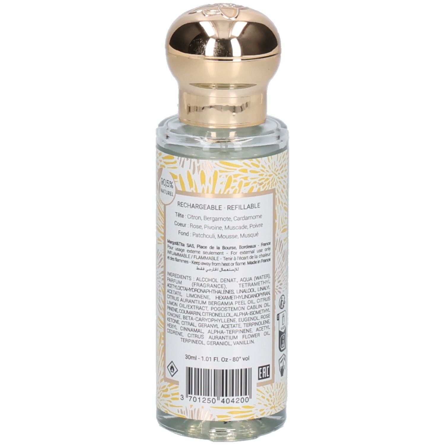 Margot & Tita parfumfles, 30ml, met ingrediënten en barcode.