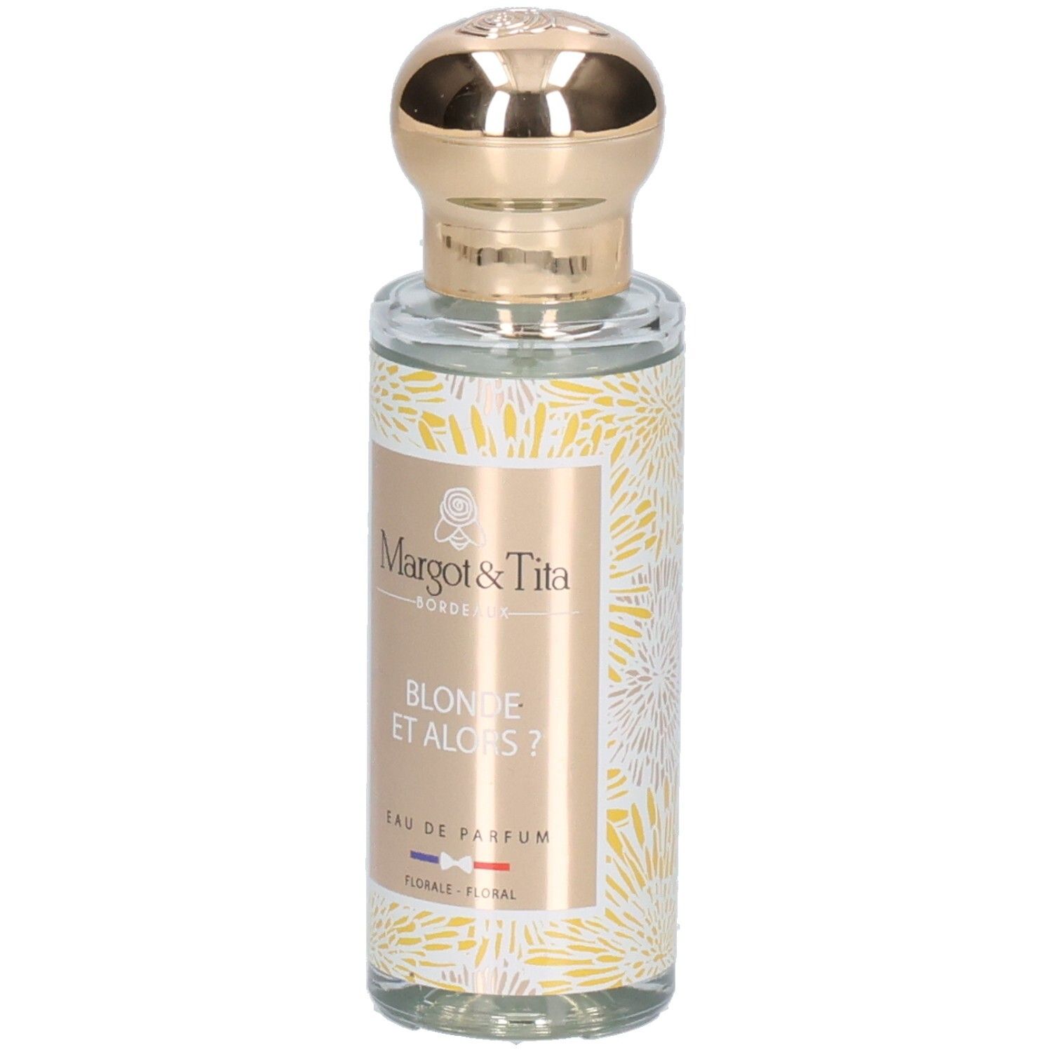 Margot & Tita parfumfles met gouden dop en bloemenpatroon.