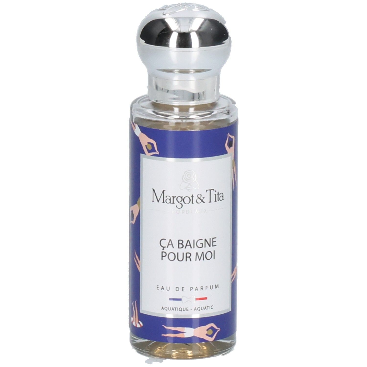 Flacon de parfum Margot & Tita, bouchon argenté, étiquette bleue avec motif de nageurs.