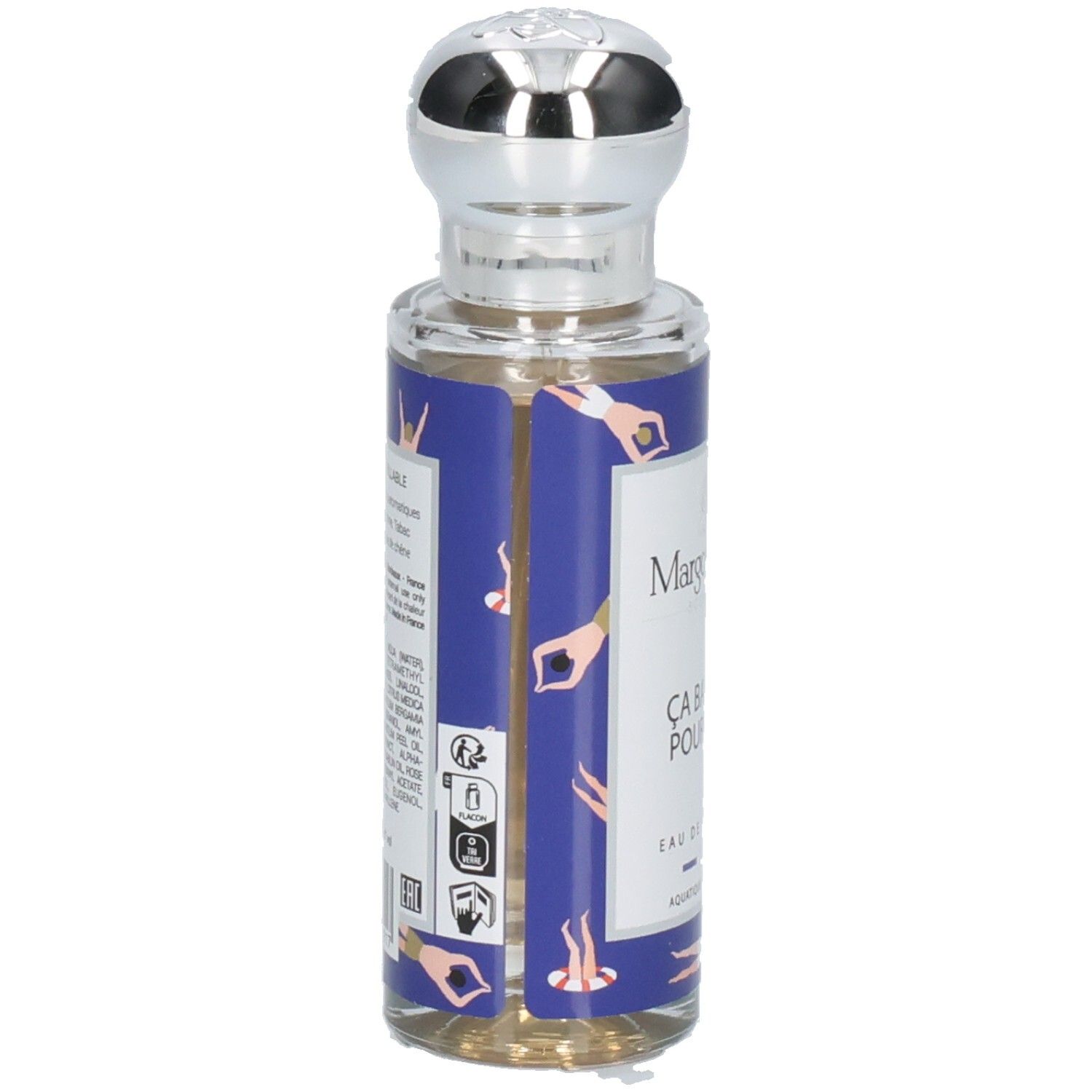 Arrière d'un flacon de parfum Margot & Tita avec informations détaillées et motif de nageurs.