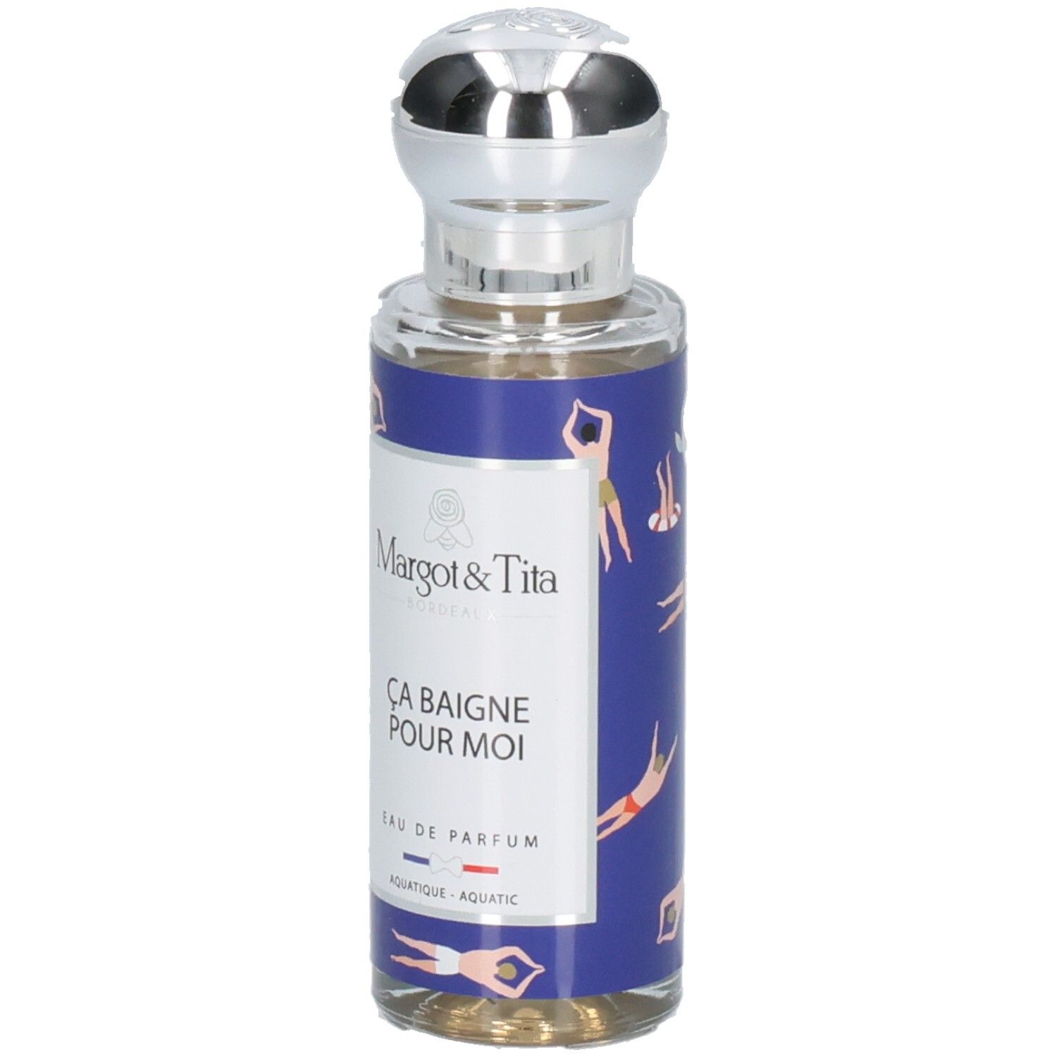 Flacon de parfum Margot & Tita, bouchon argenté, étiquette bleue avec motif de nageurs.