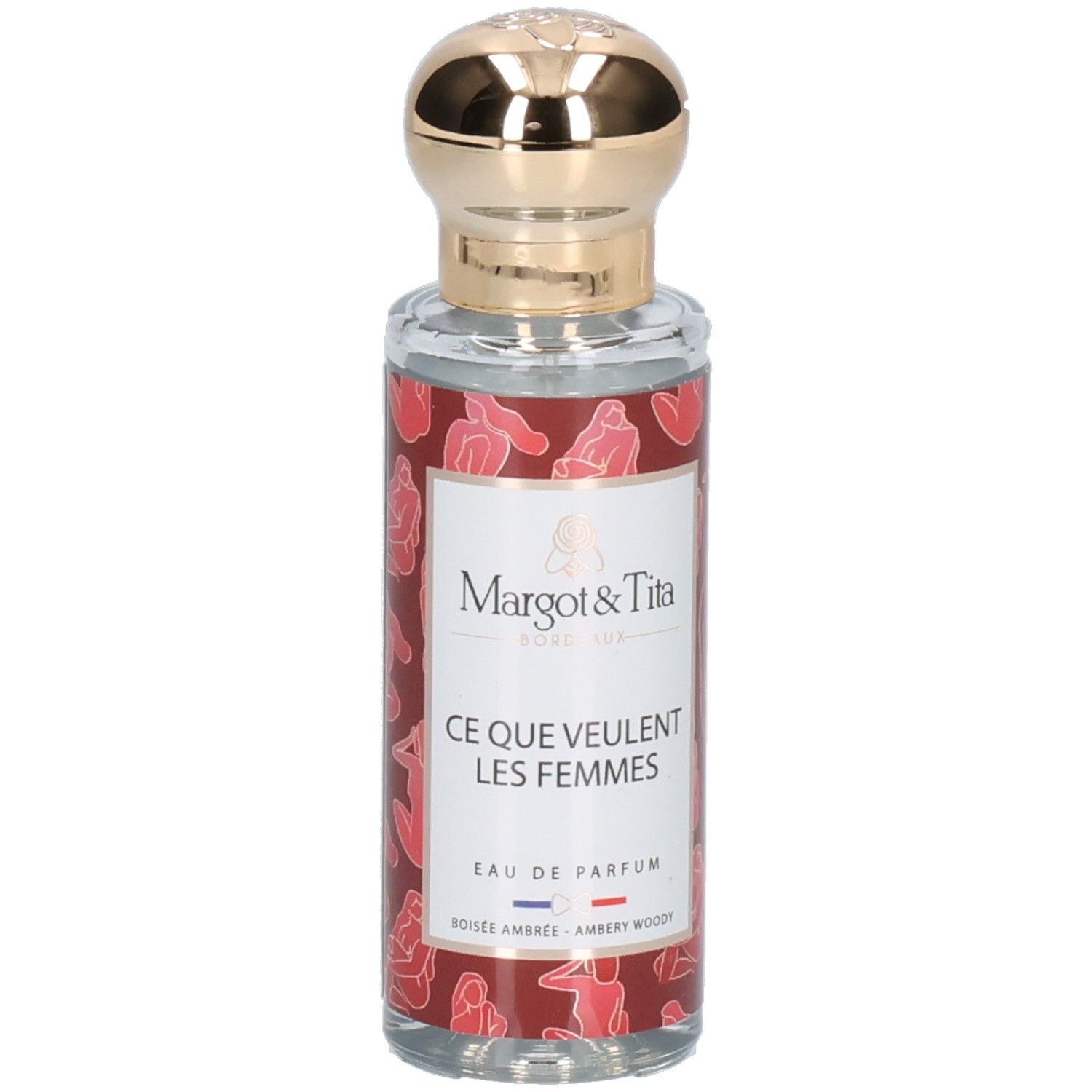 Flacon de parfum avec bouchon doré. Inscription: Margot & Tita, Ce Que Veulent Les Femmes. Fond rouge avec figures féminines.