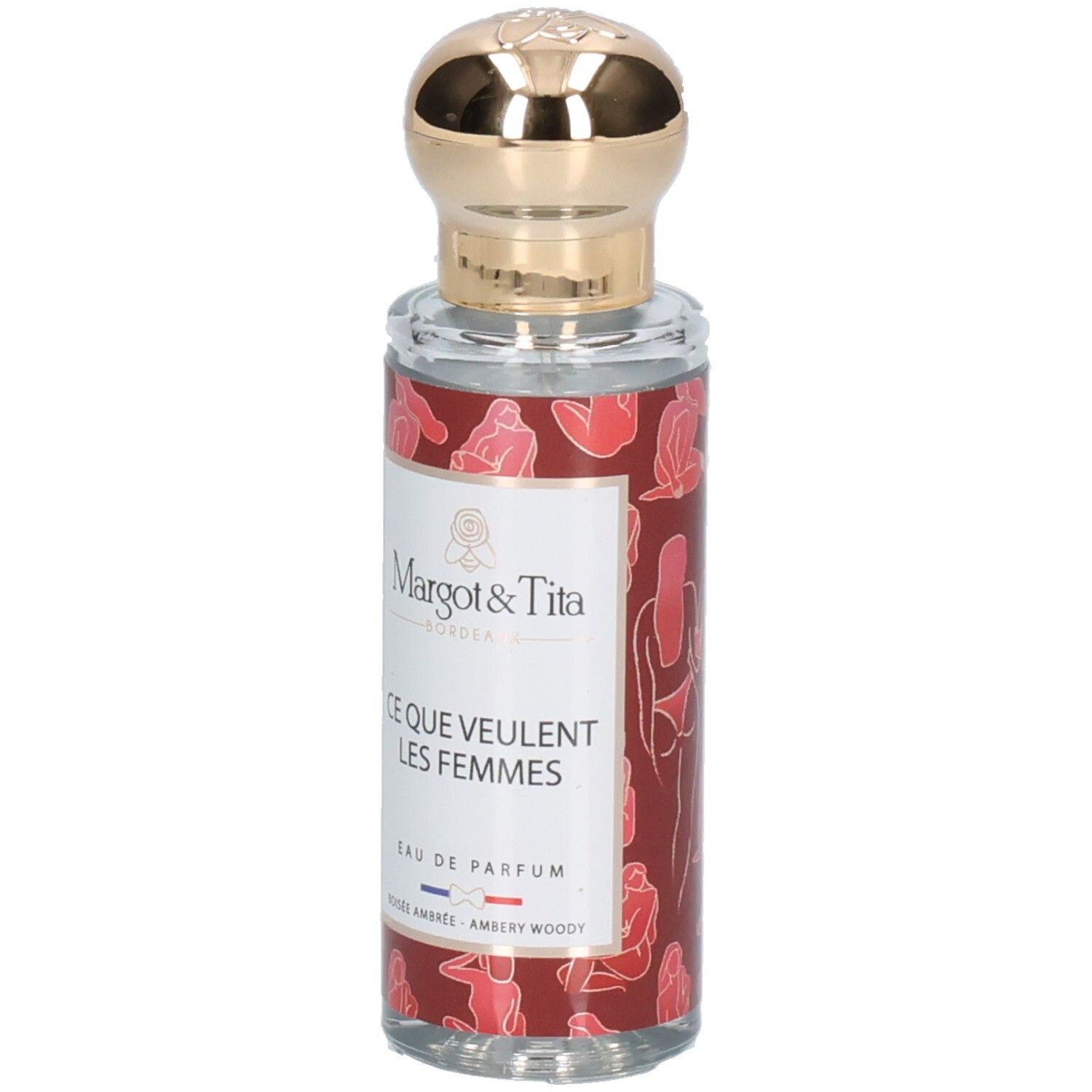 Flacon de parfum avec bouchon doré. Inscription: Margot & Tita, Ce Que Veulent Les Femmes. Fond rouge avec figures féminines.