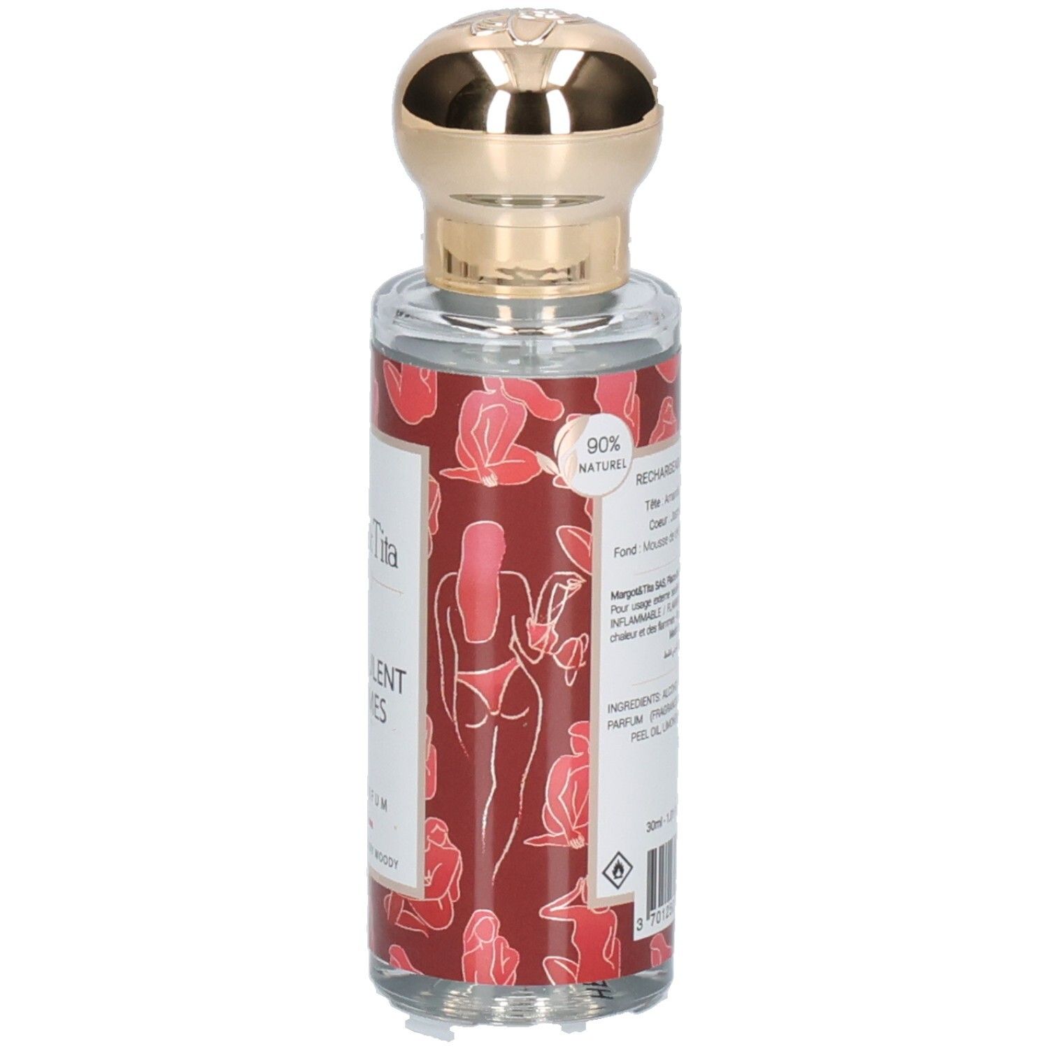 Flacon de parfum avec bouchon doré. Inscription: Margot & Tita, Ce Que Veulent Les Femmes. Fond rouge avec figures féminines.