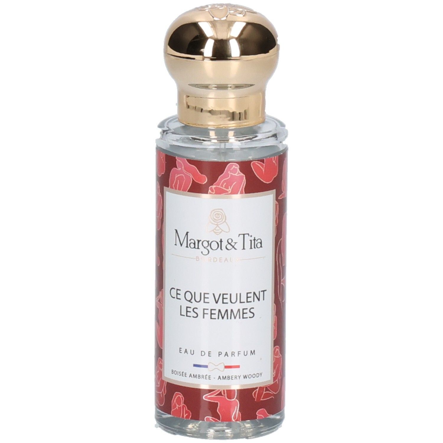 Flacon de parfum avec bouchon doré. Inscription: Margot & Tita, Ce Que Veulent Les Femmes. Fond rouge avec figures féminines.