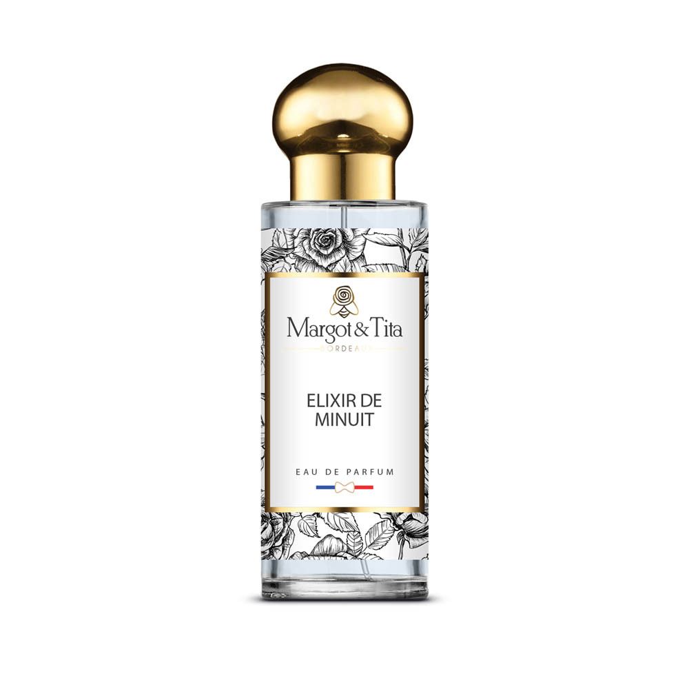 Fles Margot & Tita Elixir de Minuit Eau de Parfum met gouden dop, bloemenpatroon en Franse vlaggen.