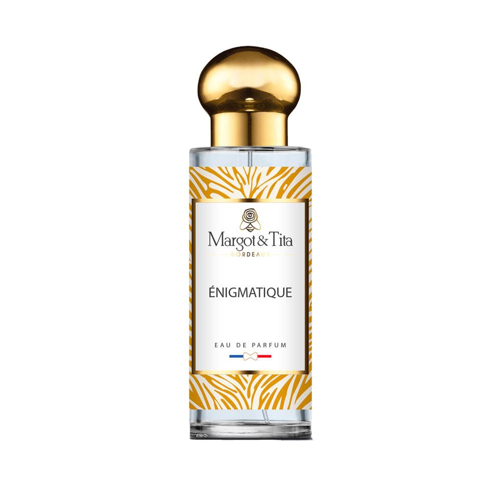 Margot & Tita Énigmatique Eau de Parfum, glazen fles met gouden dop en dierenprint.