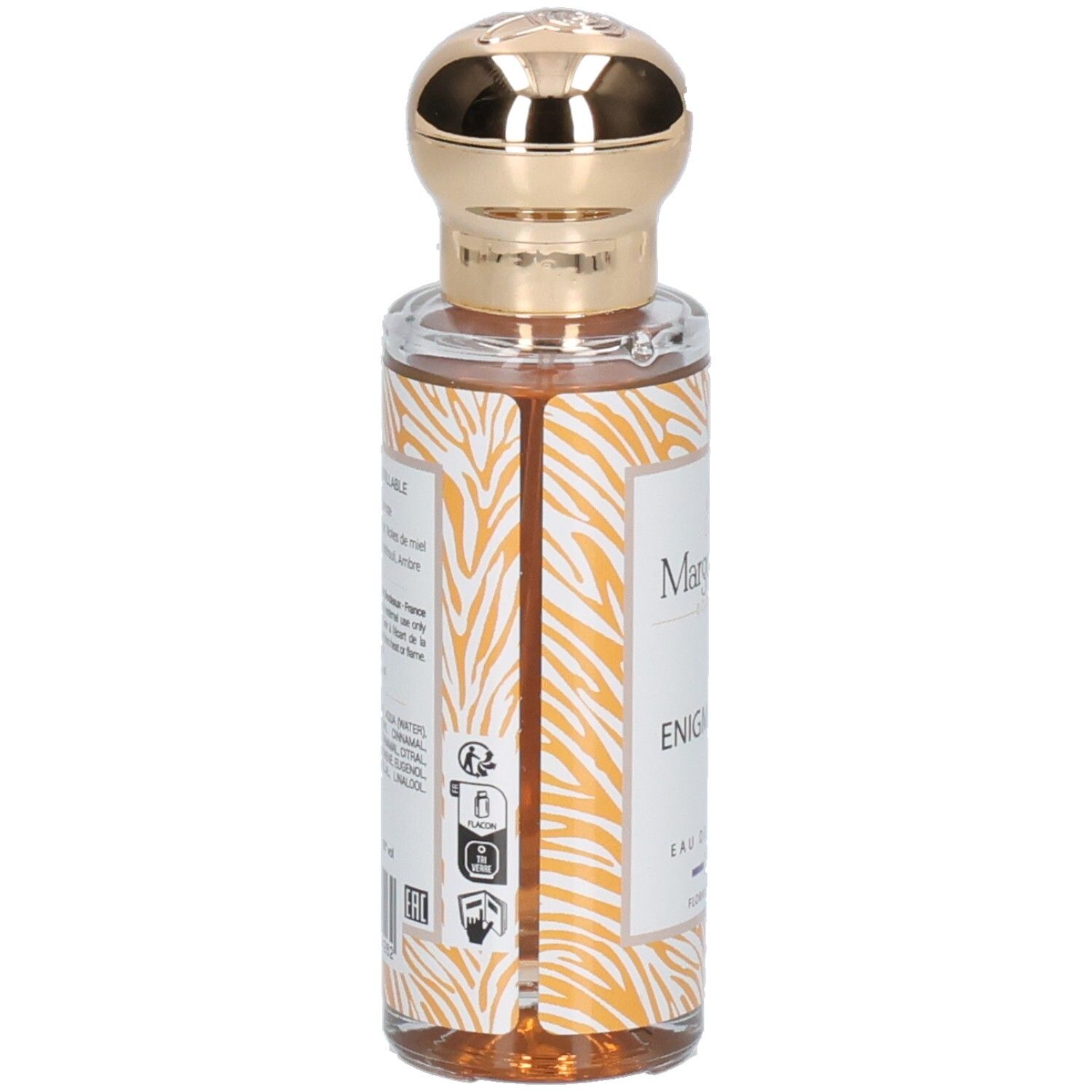 Zijaanzicht van de Margot & Tita Énigmatique Eau de Parfum fles met etiket en dierenprint.