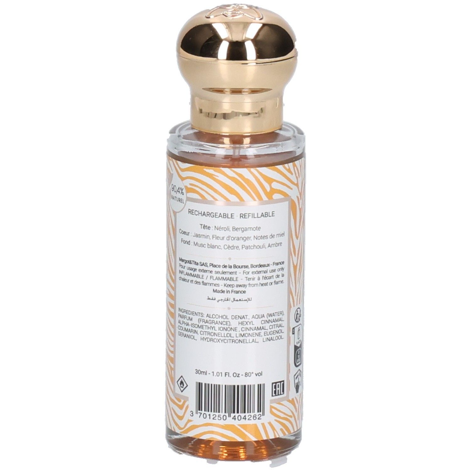 Achterkant van de Margot & Tita Énigmatique Eau de Parfum fles met ingrediëntenlijst en 30ml vermelding.