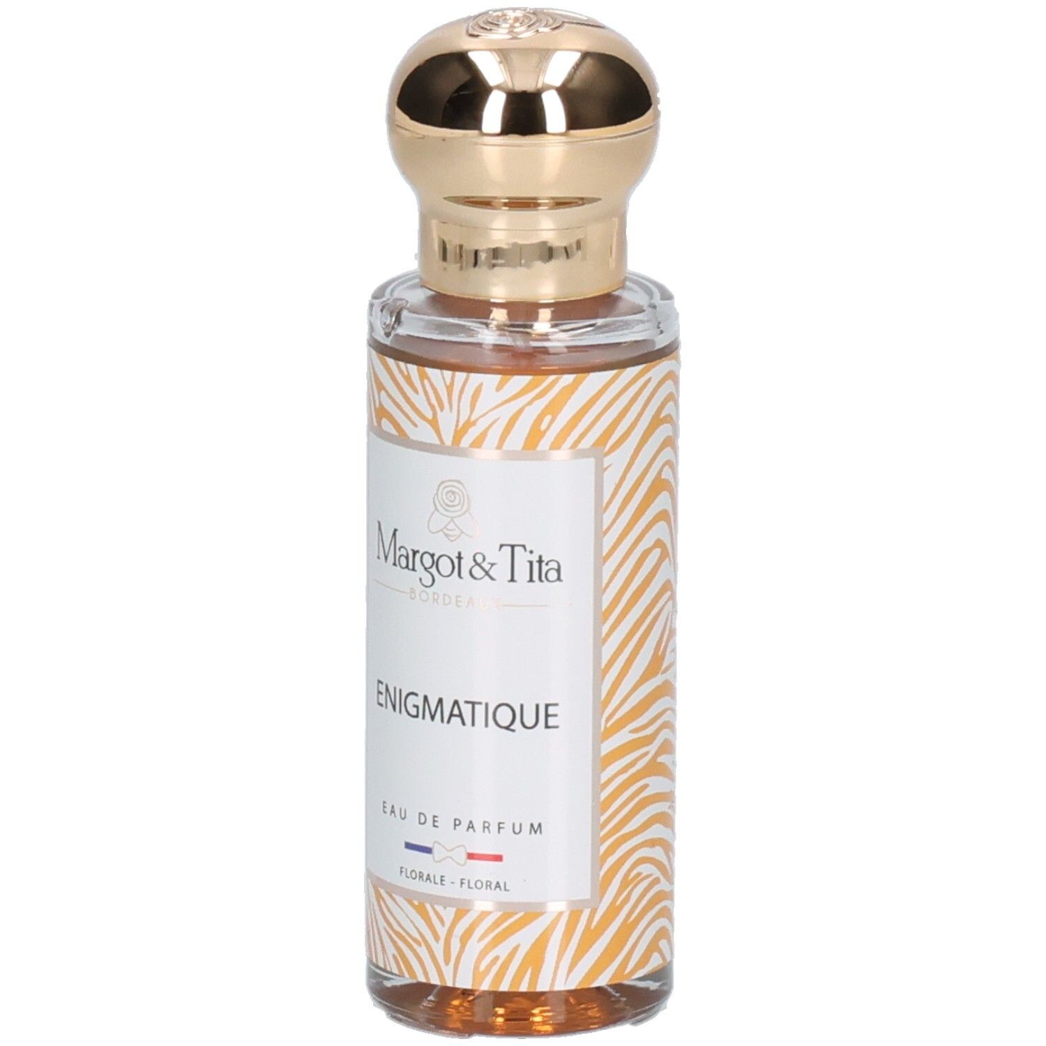 Margot & Tita Énigmatique Eau de Parfum, glazen fles met gouden dop en dierenprint.
