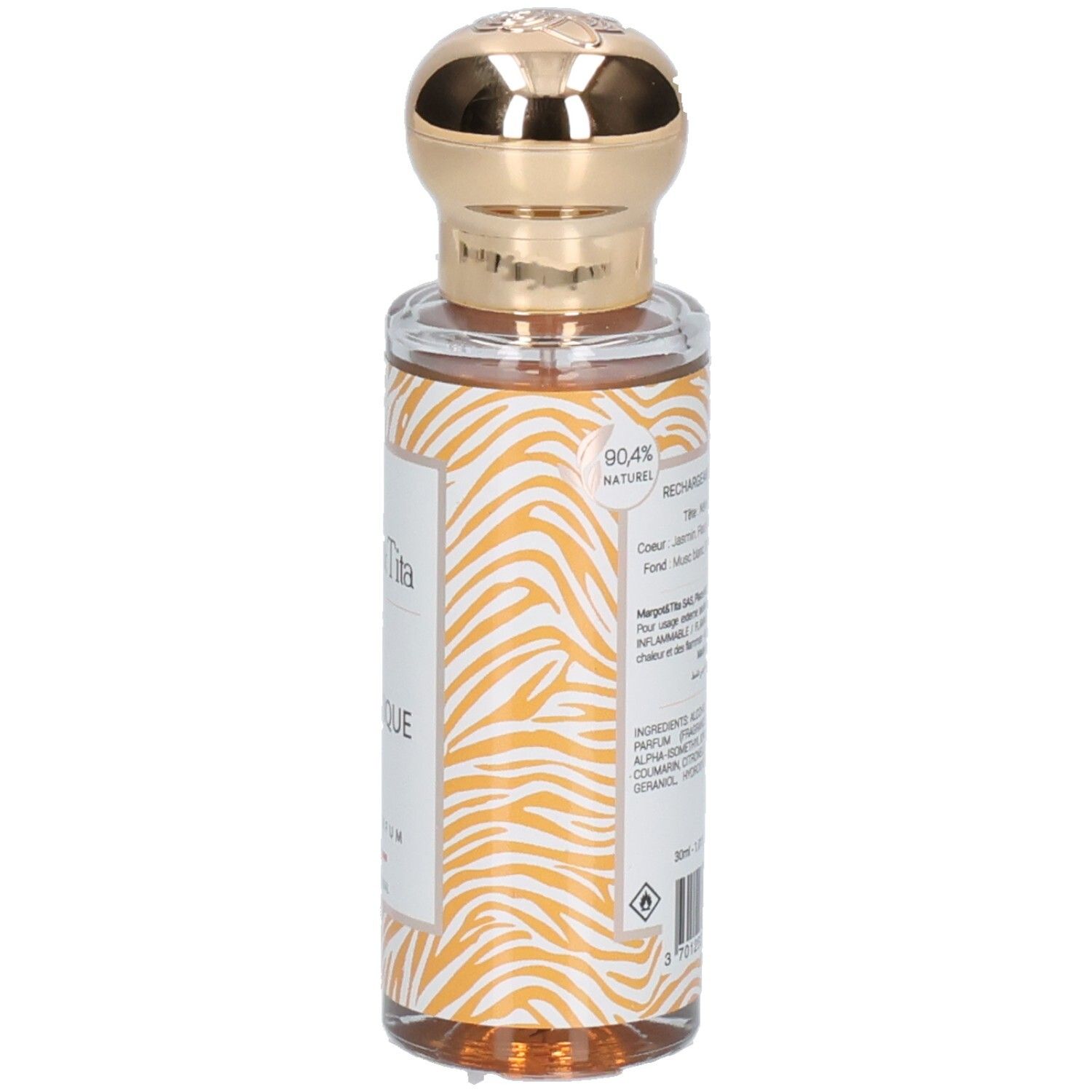 Margot & Tita Énigmatique Eau de Parfum, fles met vermelding 90.4% natuurlijke ingrediënten.