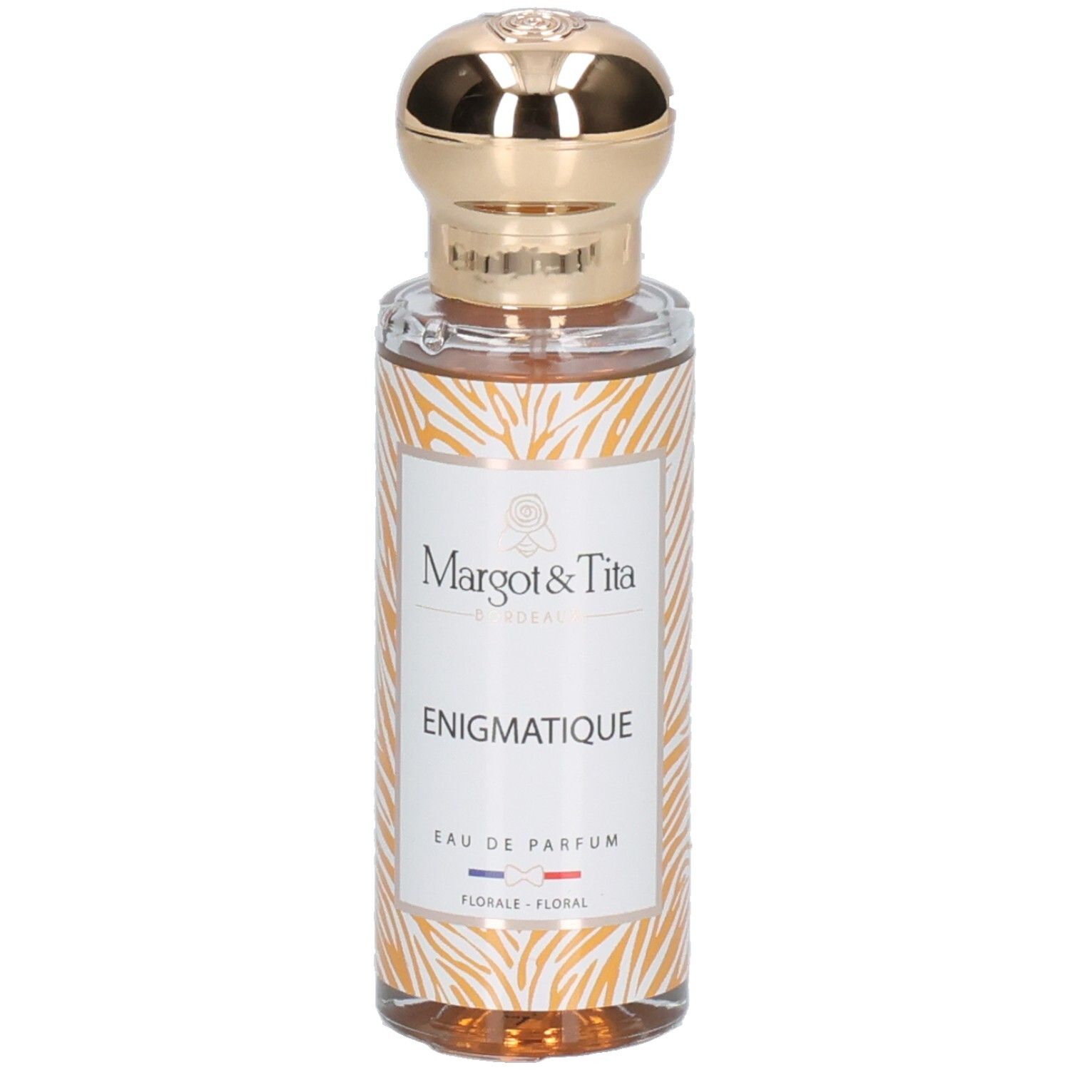 Margot & Tita Énigmatique Eau de Parfum, glazen fles met gouden dop en dierenprint.
