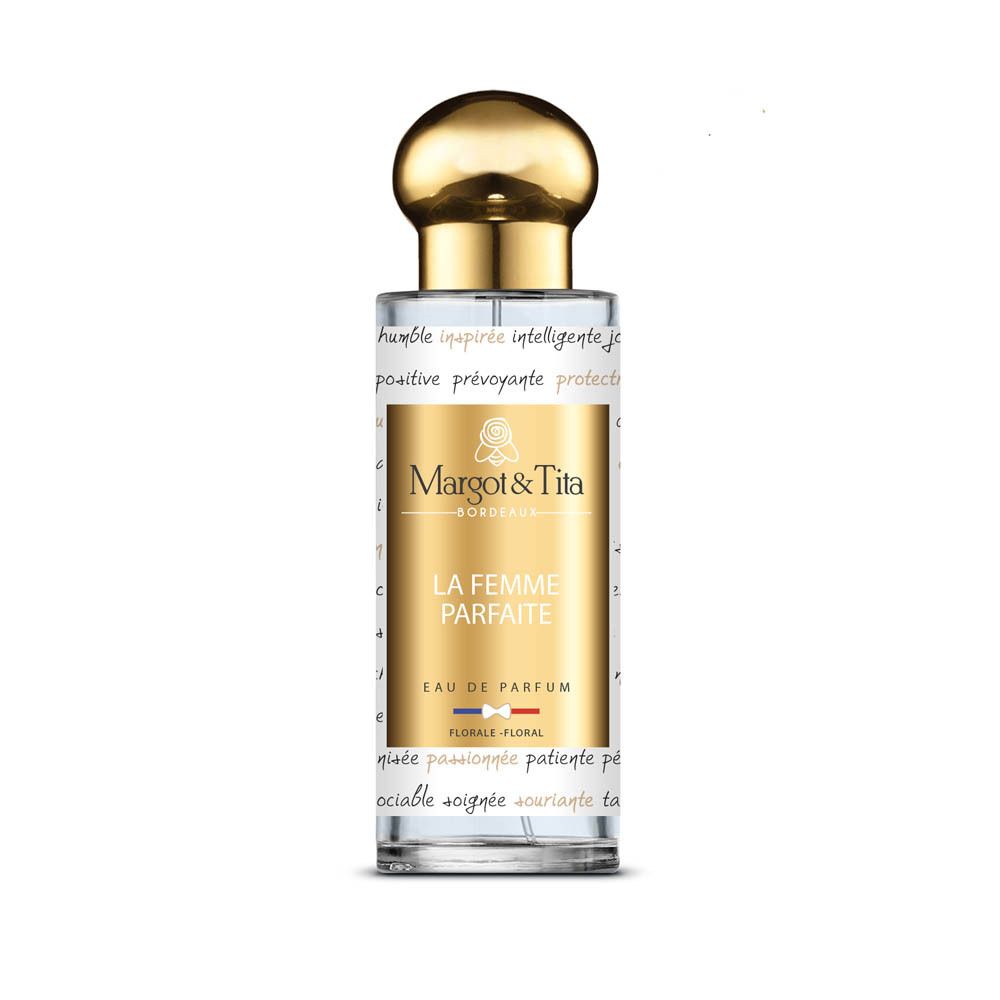 Flacon Margot & Tita La Femme Parfaite Eau de Parfum 30ml, vue de face avec bouchon doré.